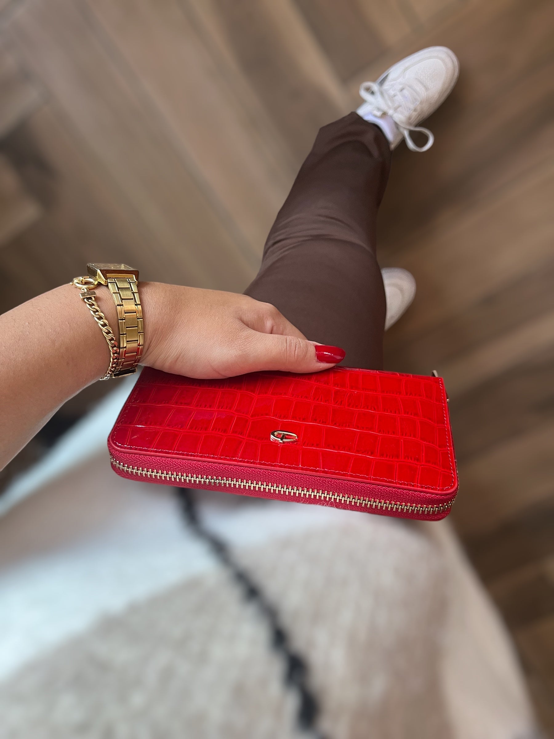 Deri fermuarlı cüzdan Rugan kırmızı croco