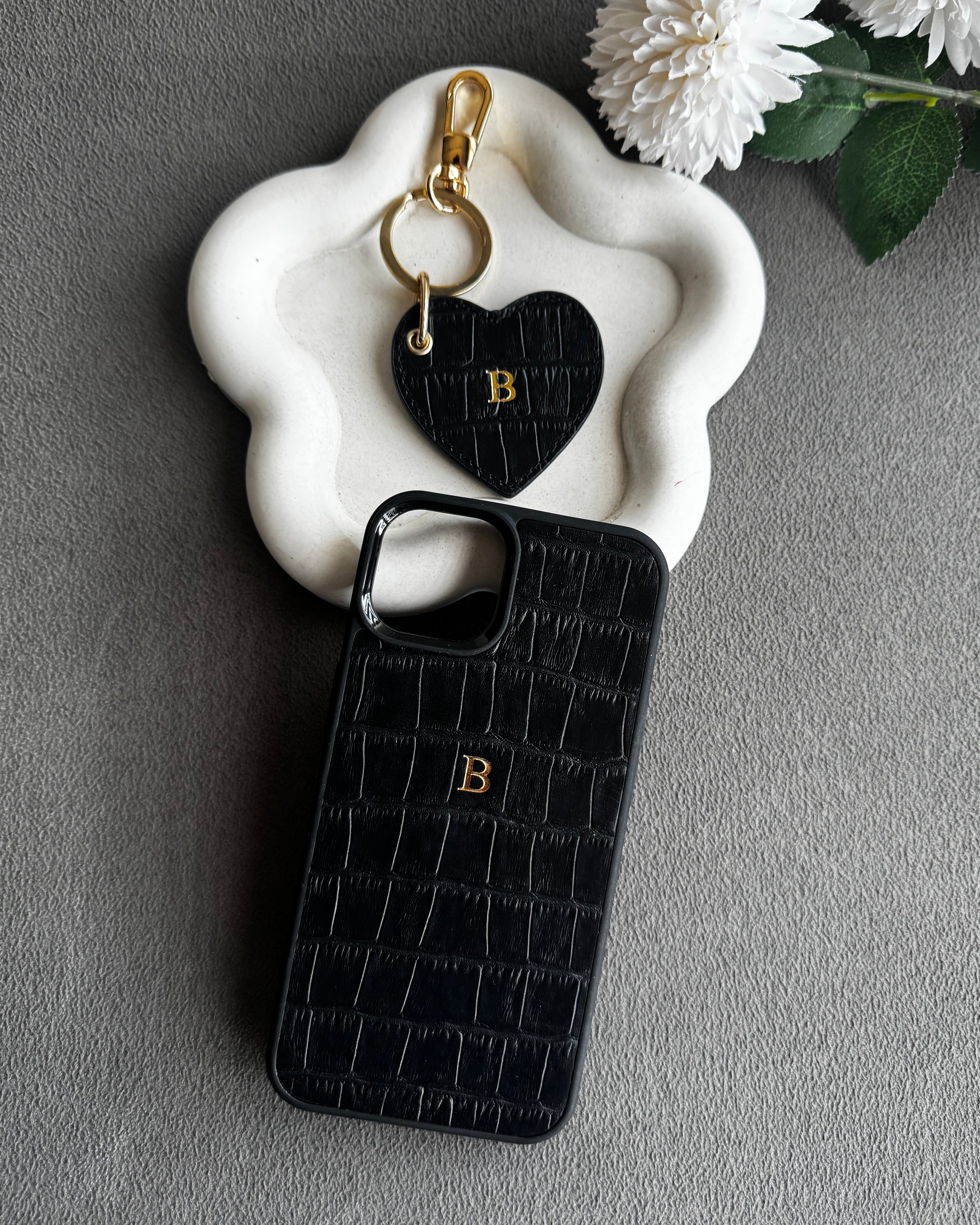 iPhone Kılıfı ve Anahtarlık Seti | Siyah Rugan Croco