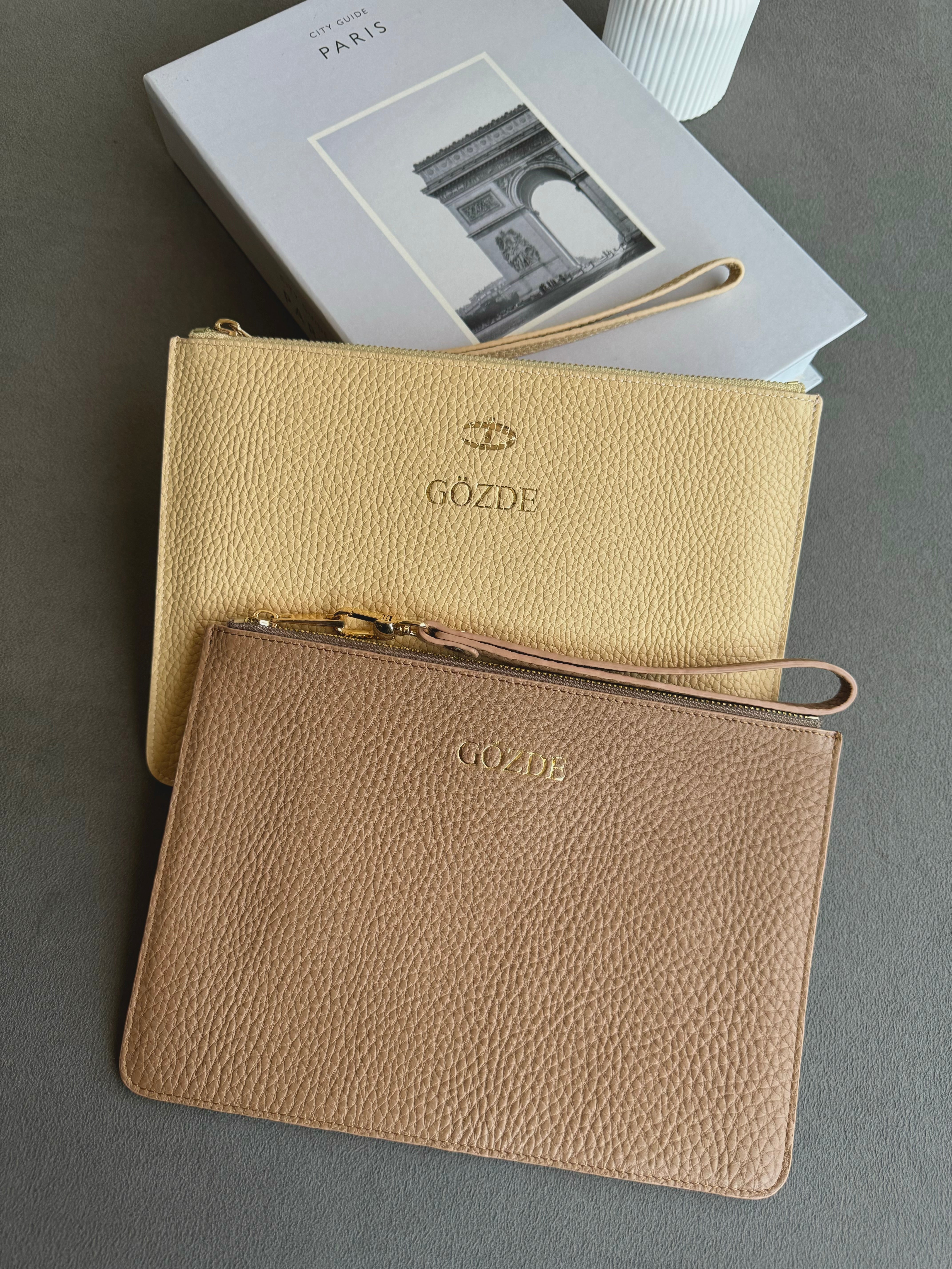 Deri krem Clutch Çanta