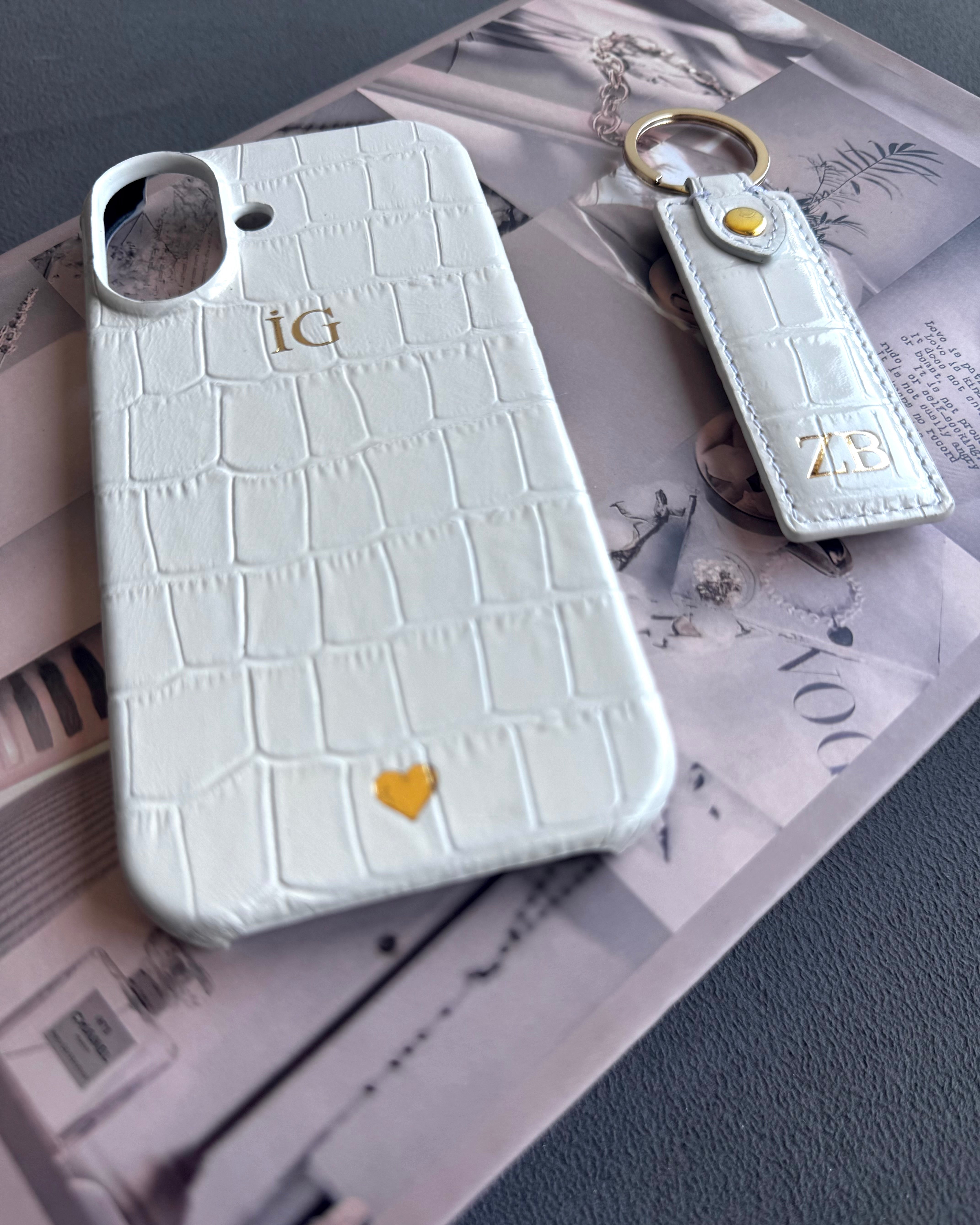 iPhone Kılıfı ve Anahtarlık Seti | Beyaz Rugan Croco