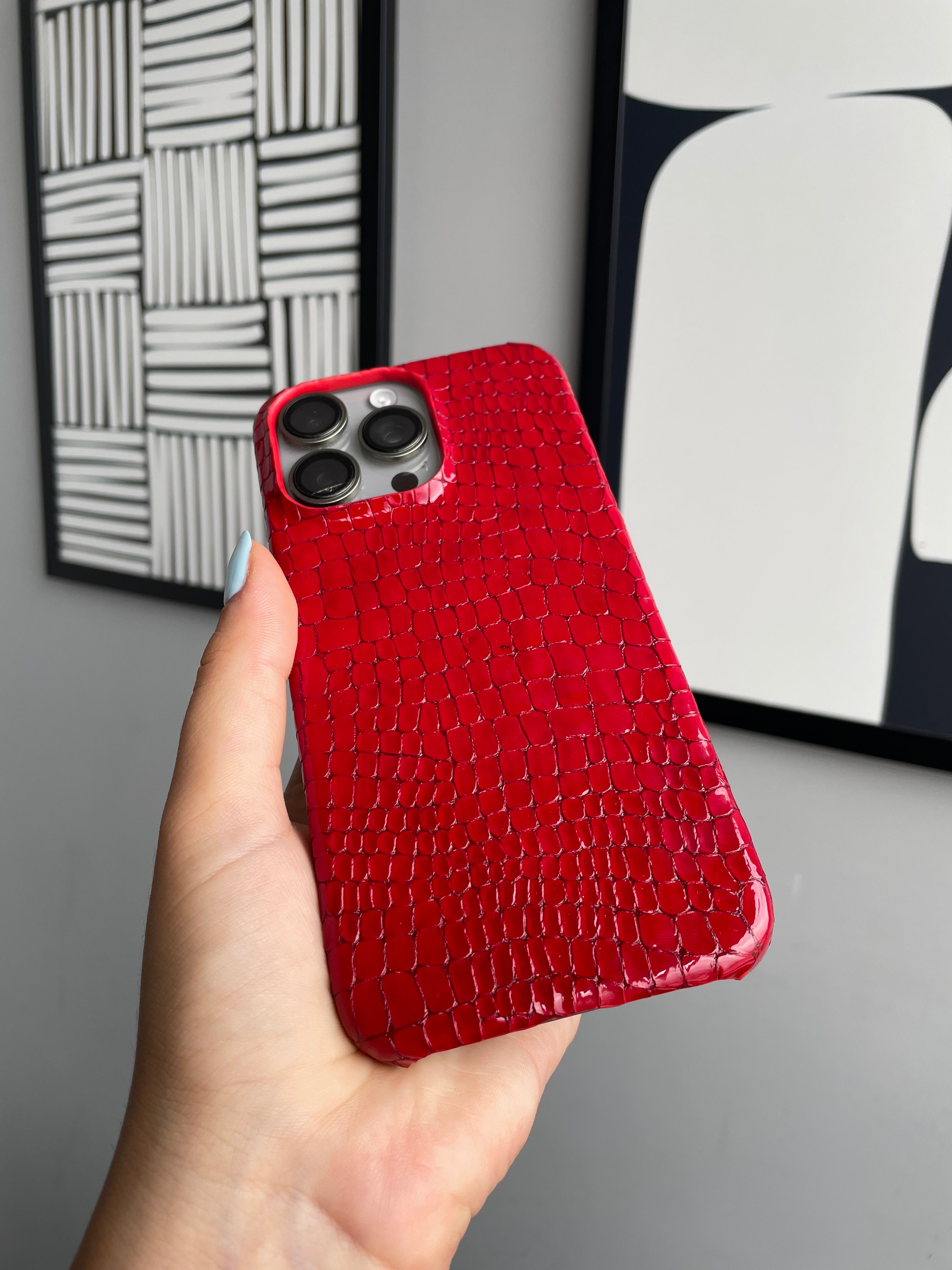 Kırmızı Parlak Küçük Croco Deri iPhone Kılıfı