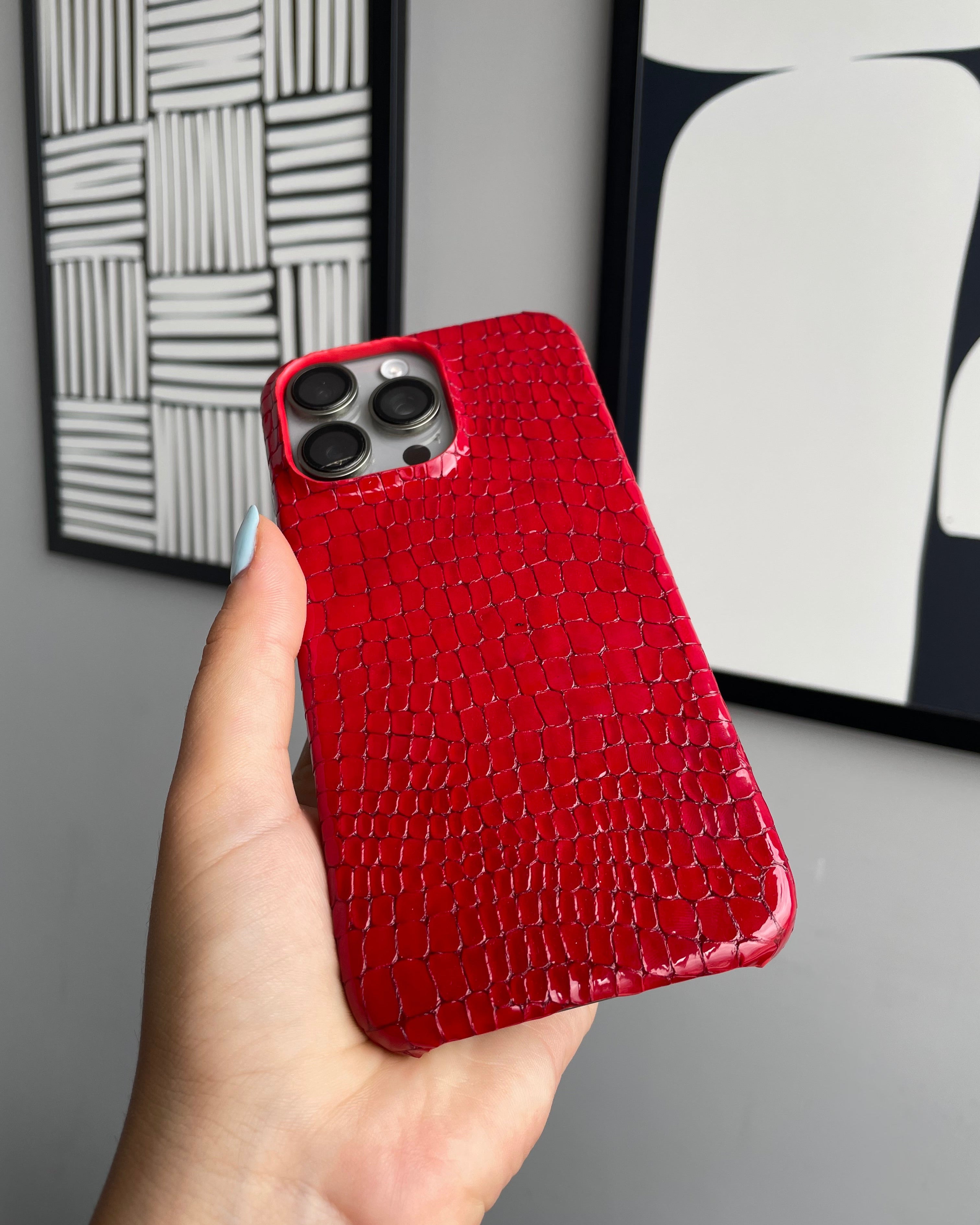 Kırmızı Parlak Küçük Croco Deri iPhone Kılıfı