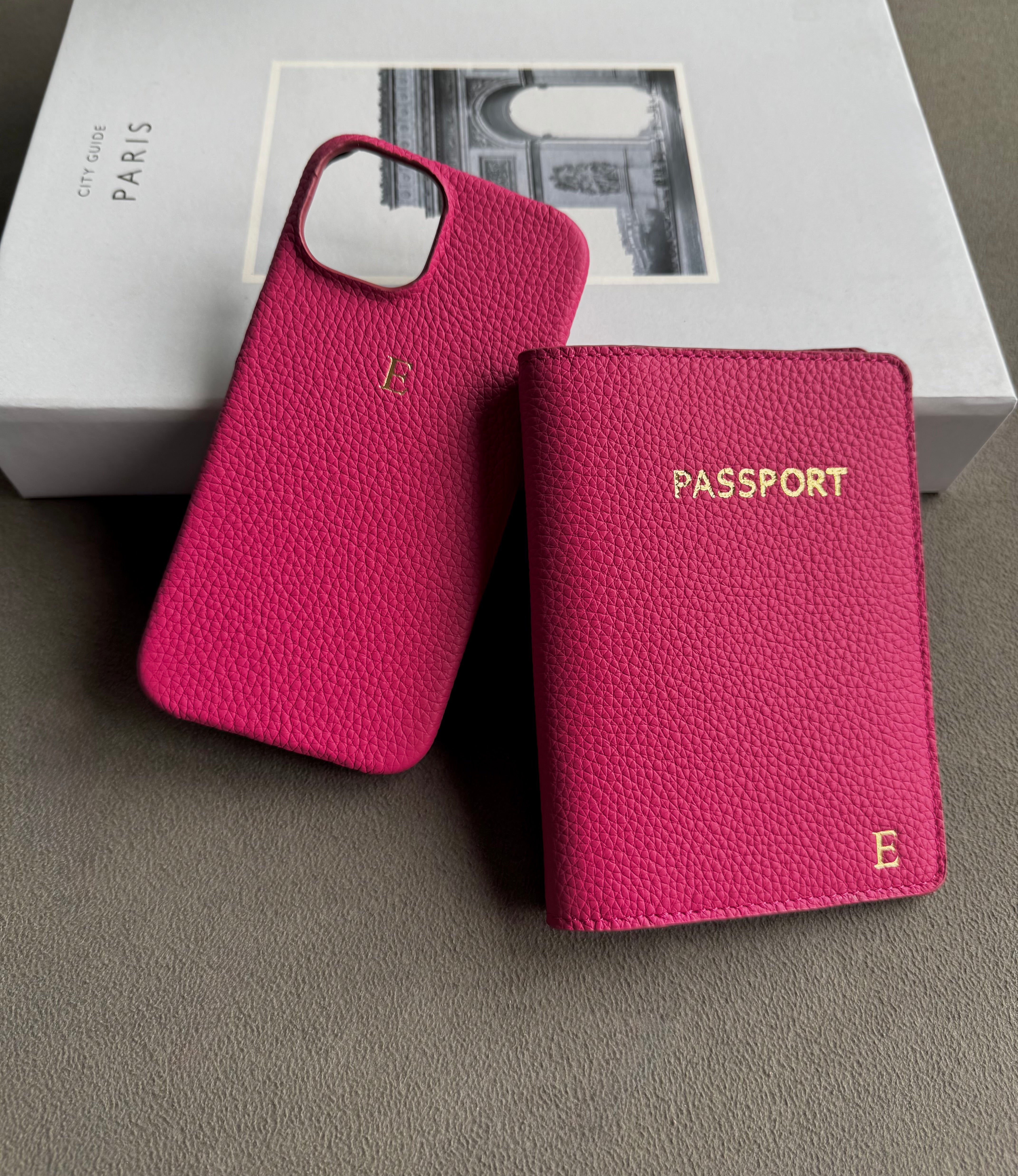 Deri fuşya pembe pasaport ve telefon kılıf seti