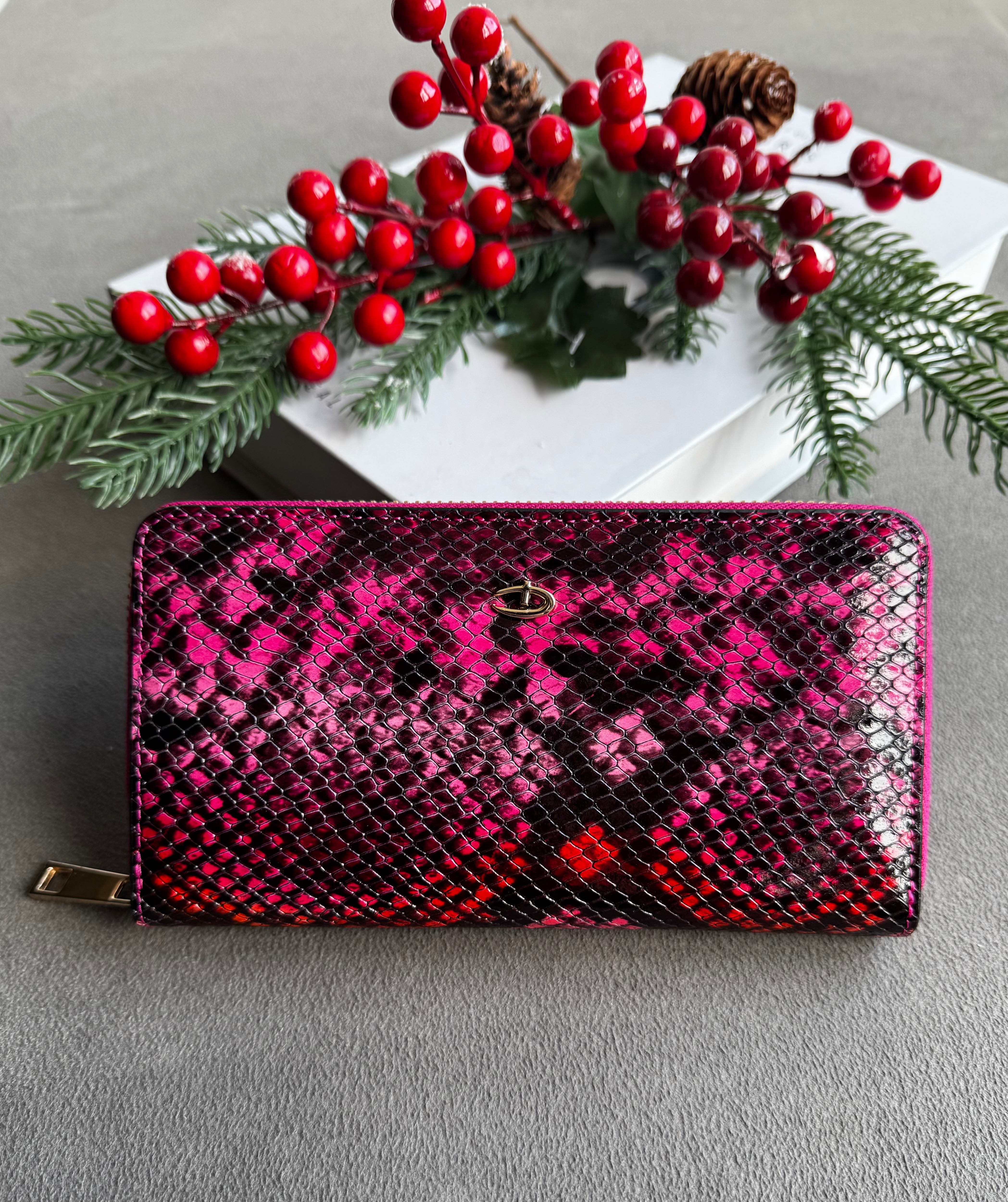 Deri fermuarlı cüzdan Piton pembe