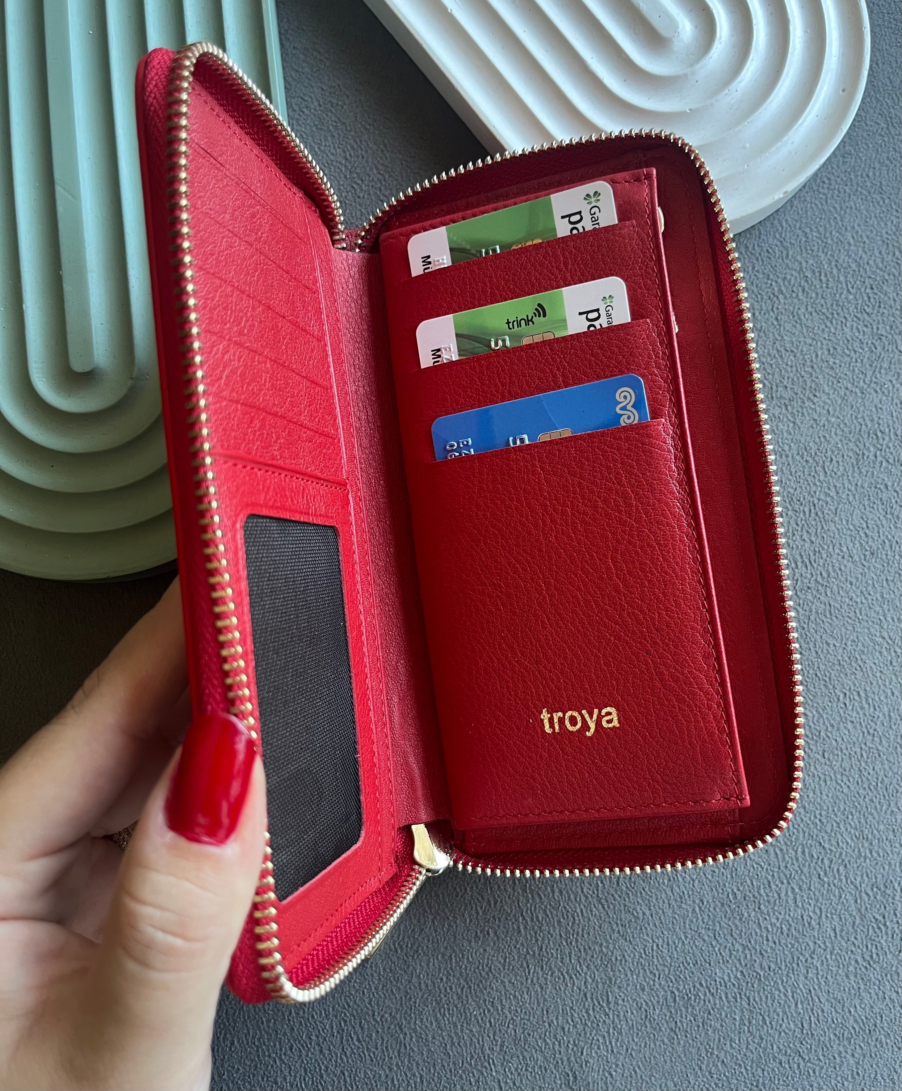 Deri fermuarlı cüzdan Rugan kırmızı croco