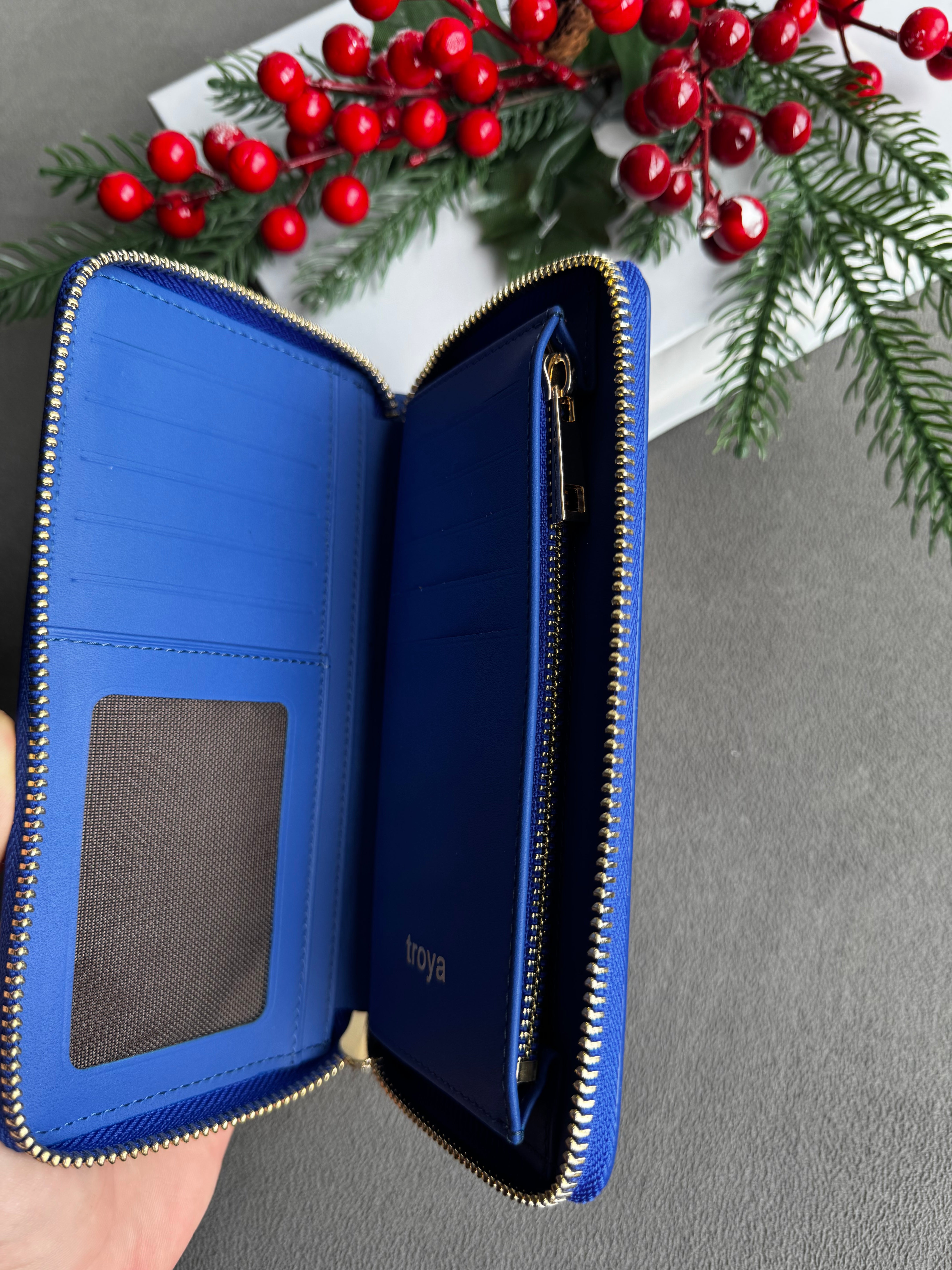 Deri fermuarlı cüzdan Rugan Saks mavi