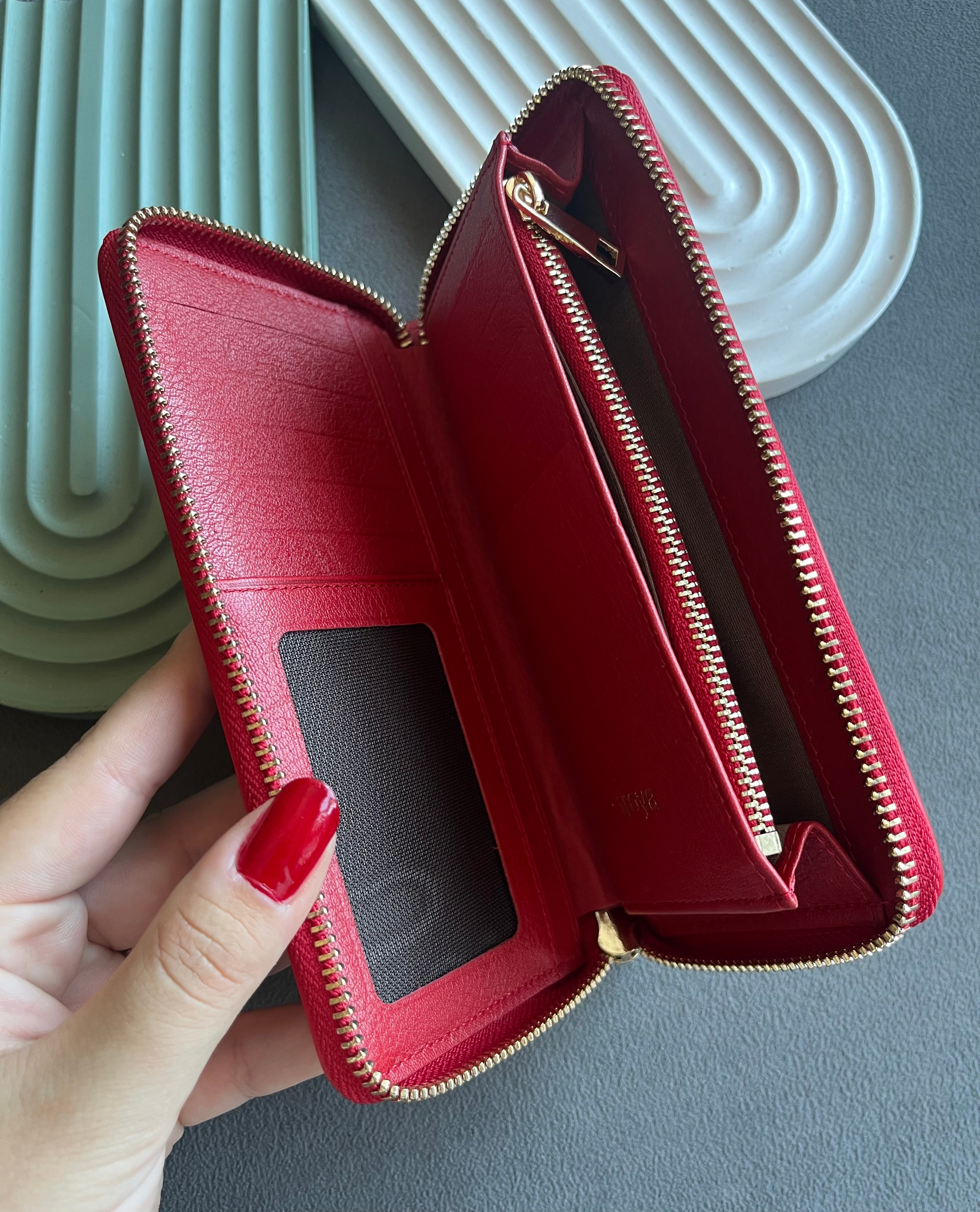 Deri fermuarlı cüzdan Rugan kırmızı croco