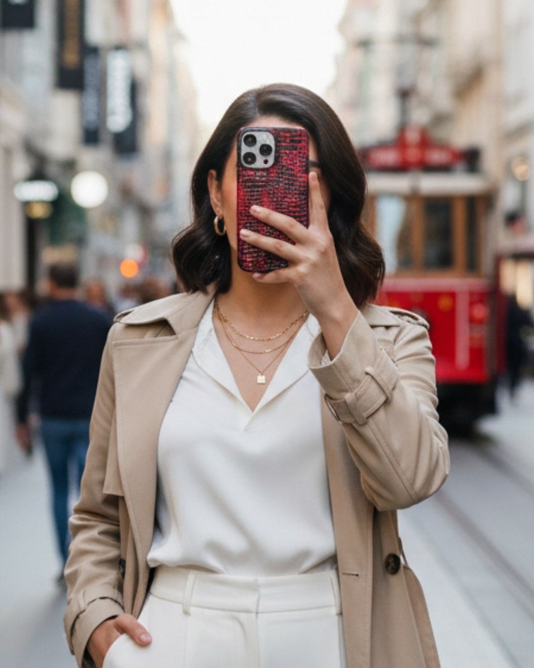 Kırmızı-Siyah Karışımlı Küçük Croco Deri iPhone Kılıfı