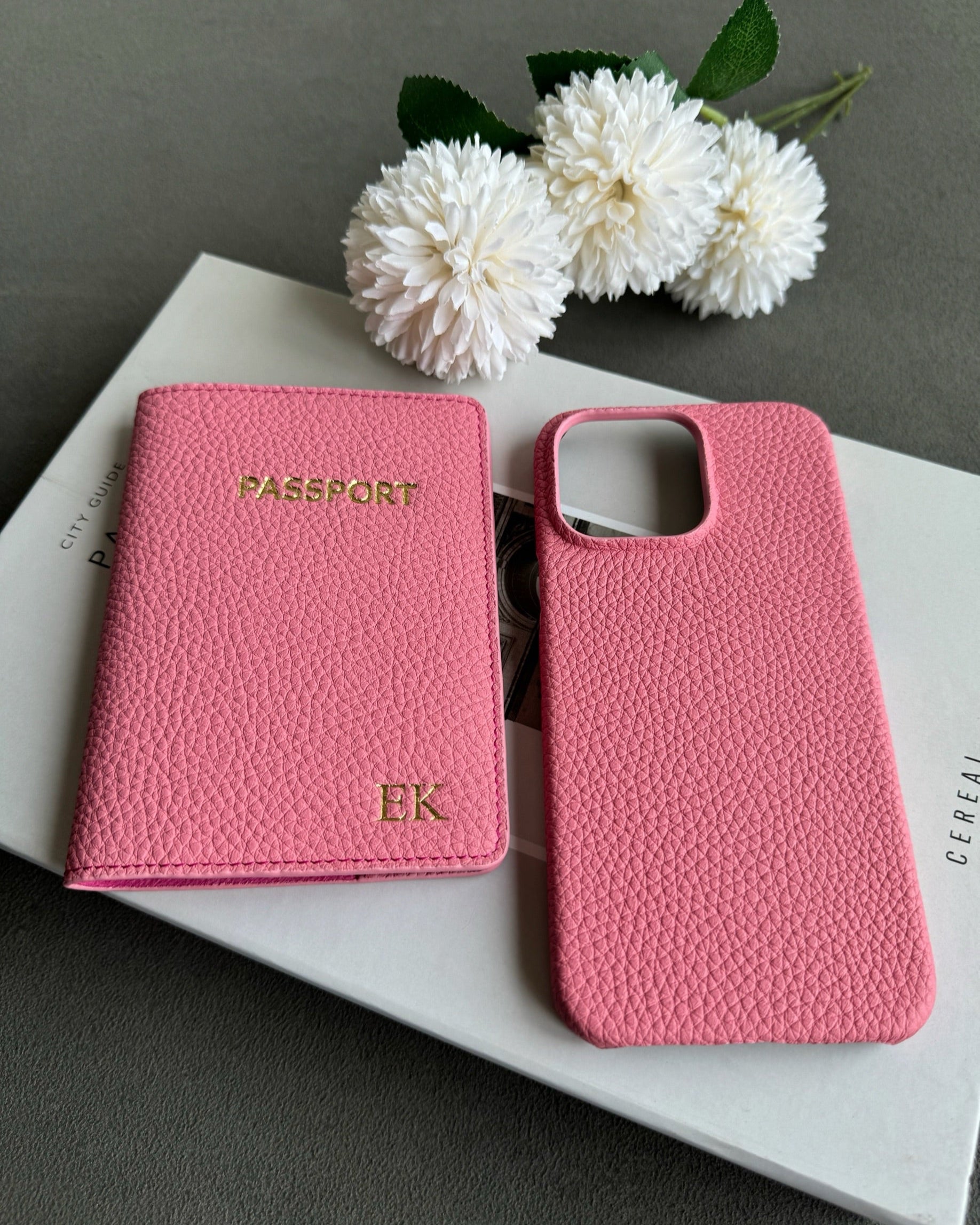Deri şeker pembe pasaport ve telefon kılıf seti