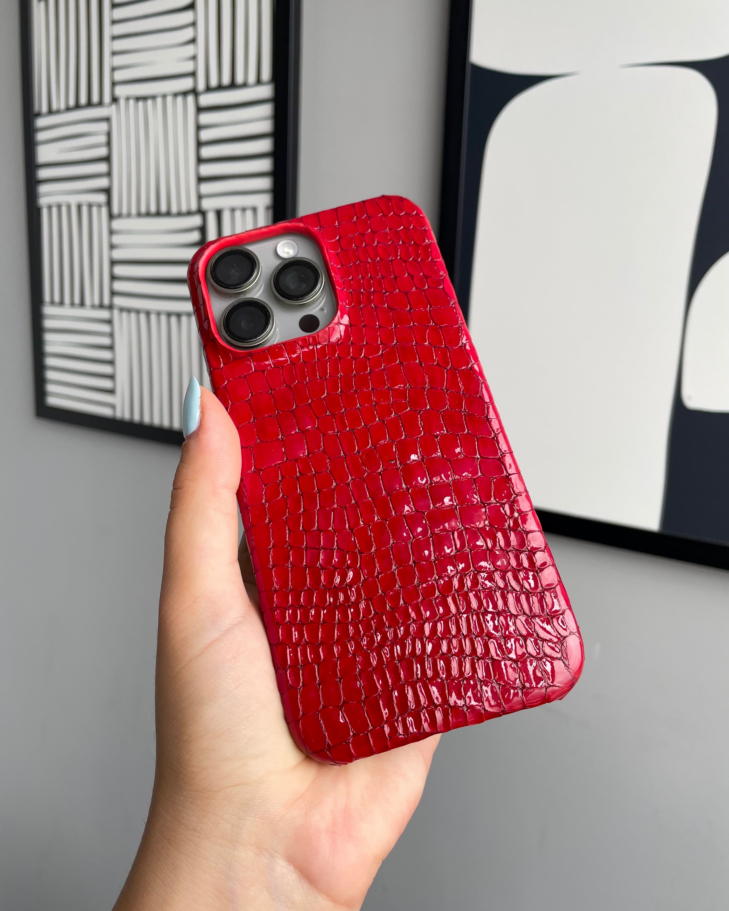 Kırmızı Parlak Küçük Croco Deri iPhone Kılıfı