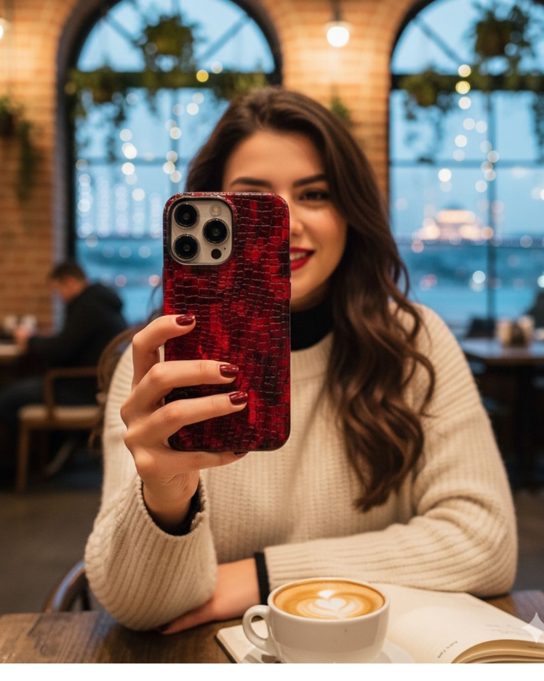 Kırmızı-Siyah Karışımlı Küçük Croco Deri iPhone Kılıfı