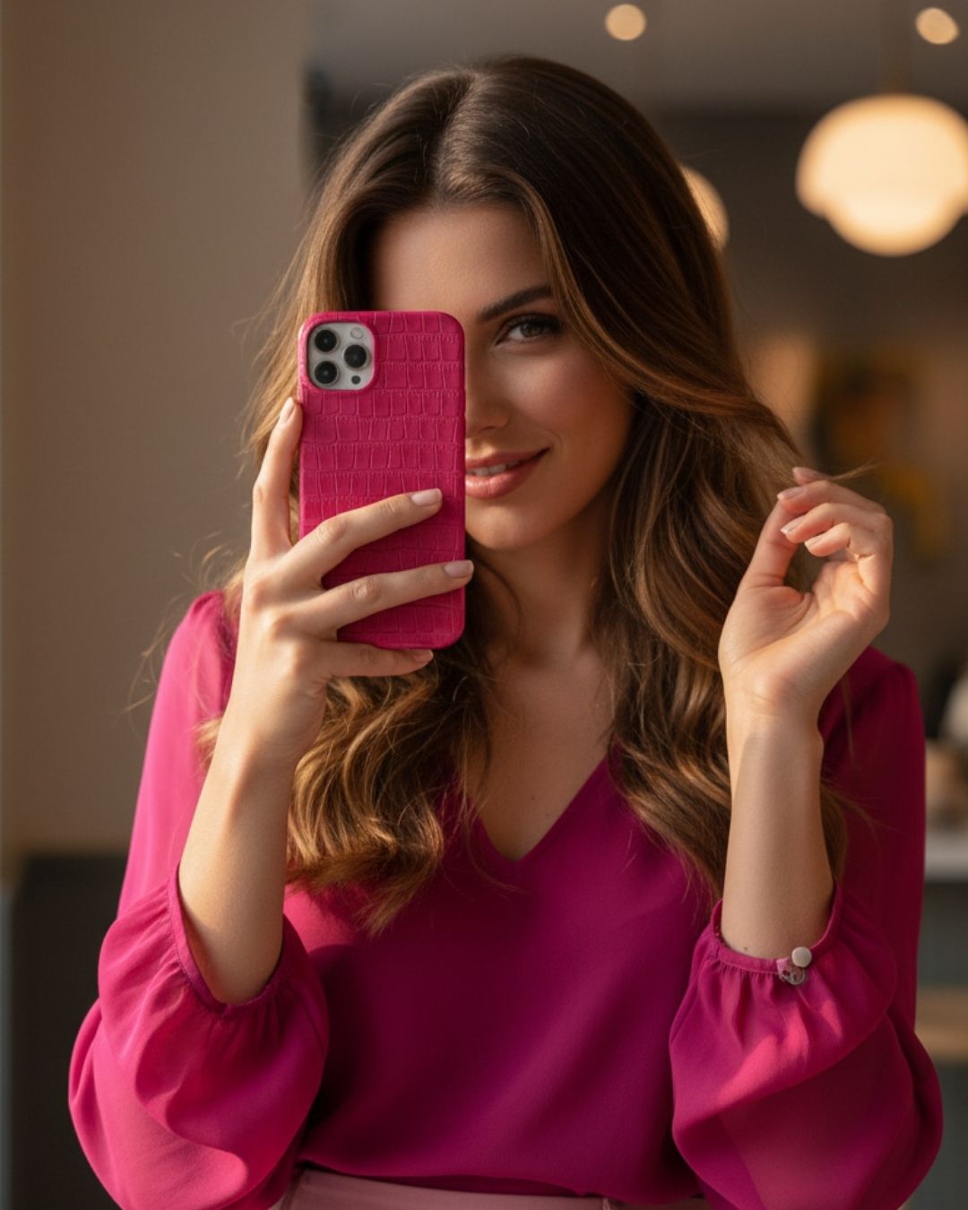 Pembe Mat Croco Deri iPhone Kılıfı