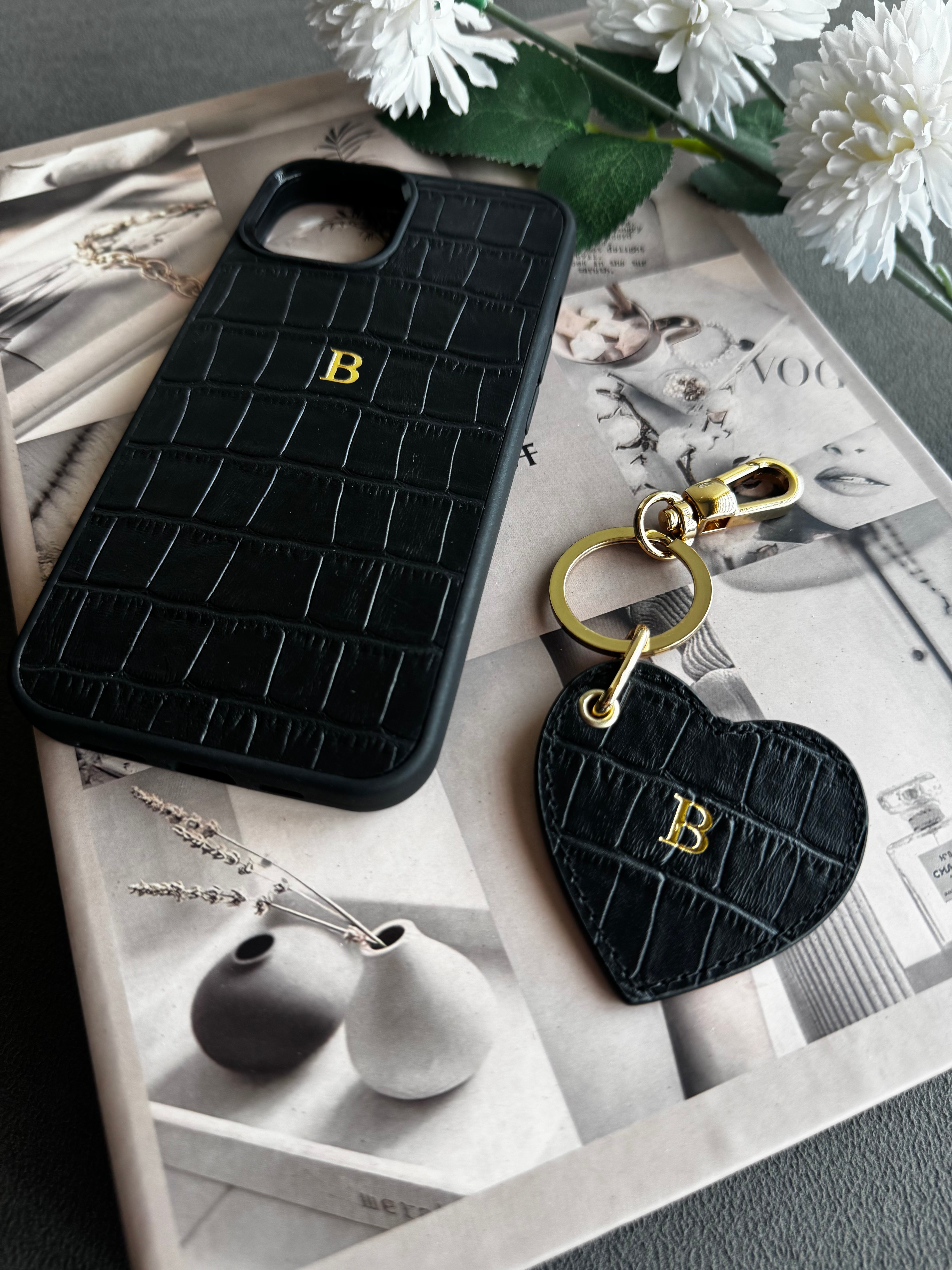 iPhone Kılıfı ve Anahtarlık Seti | Siyah Rugan Croco