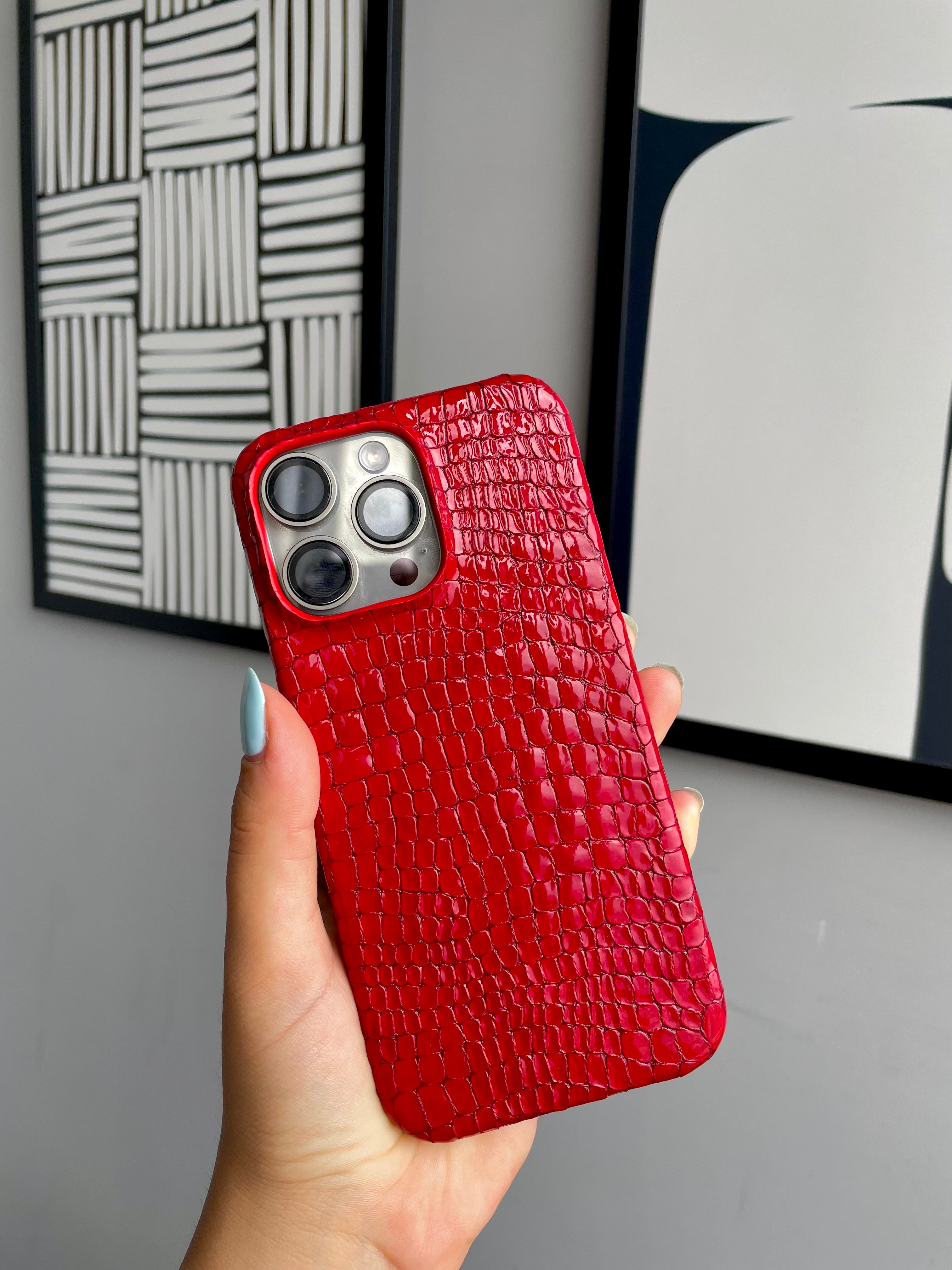 Kırmızı Parlak Küçük Croco Deri iPhone Kılıfı