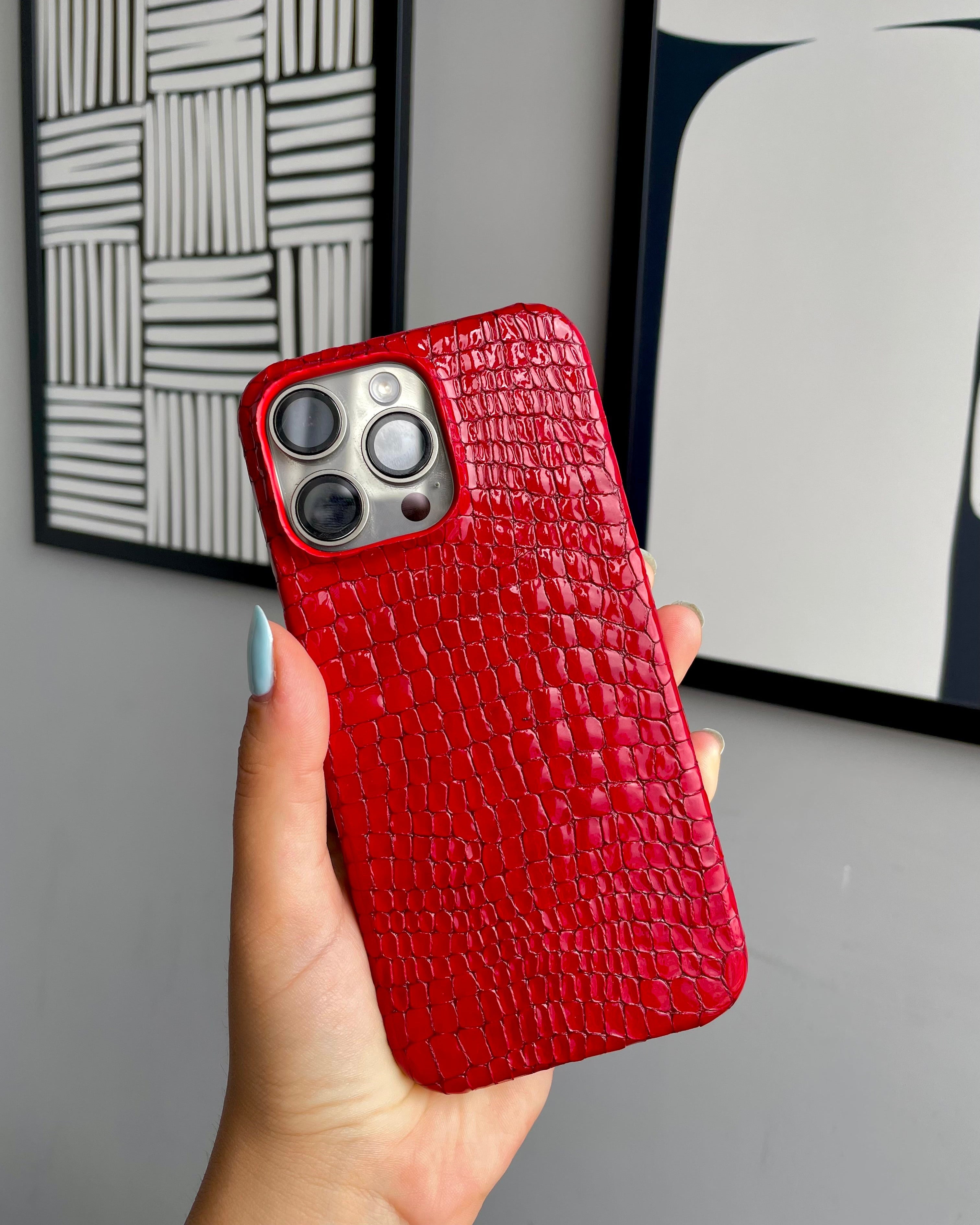 Kırmızı Parlak Küçük Croco Deri iPhone Kılıfı