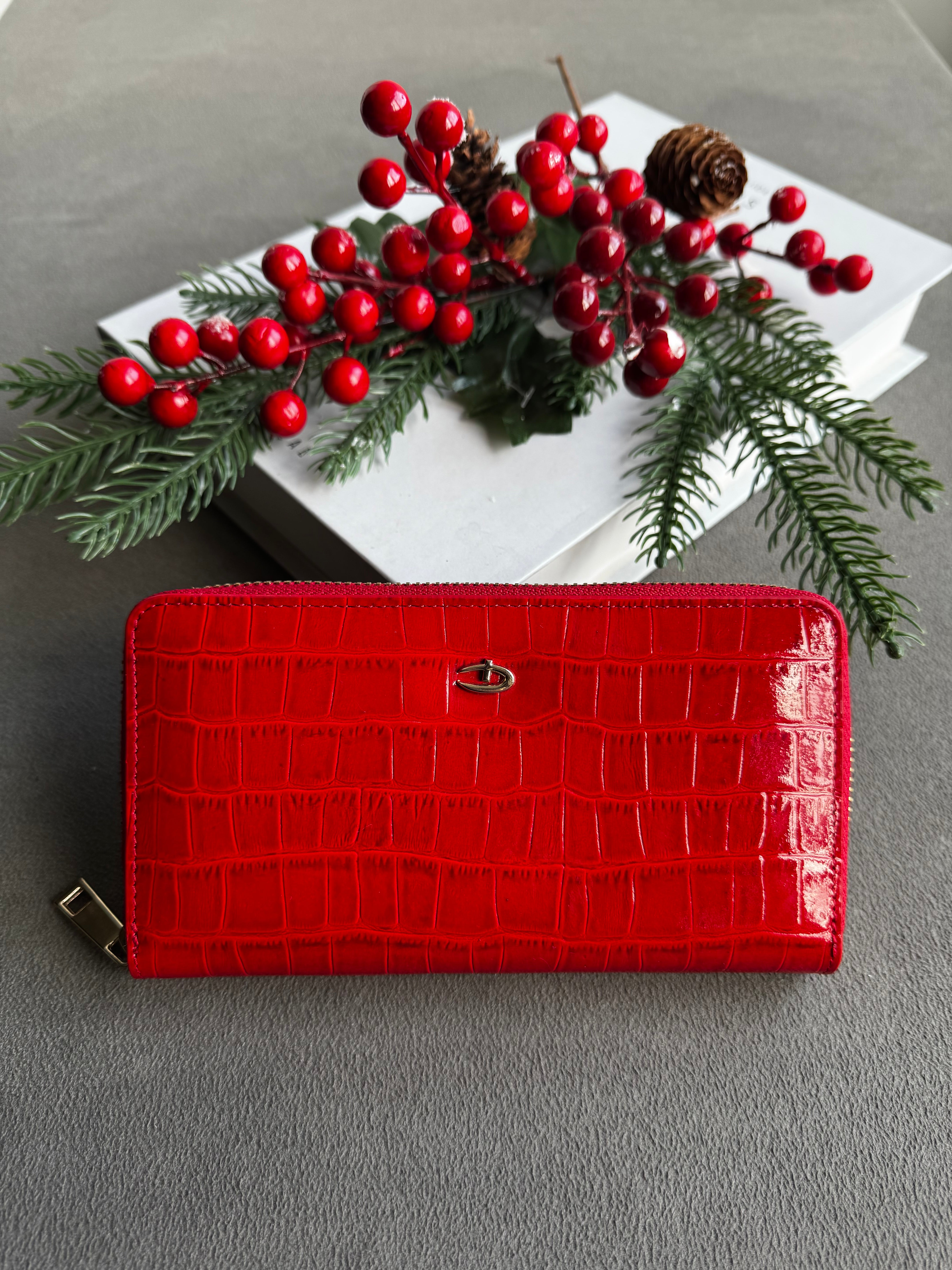 Deri fermuarlı cüzdan Rugan kırmızı croco