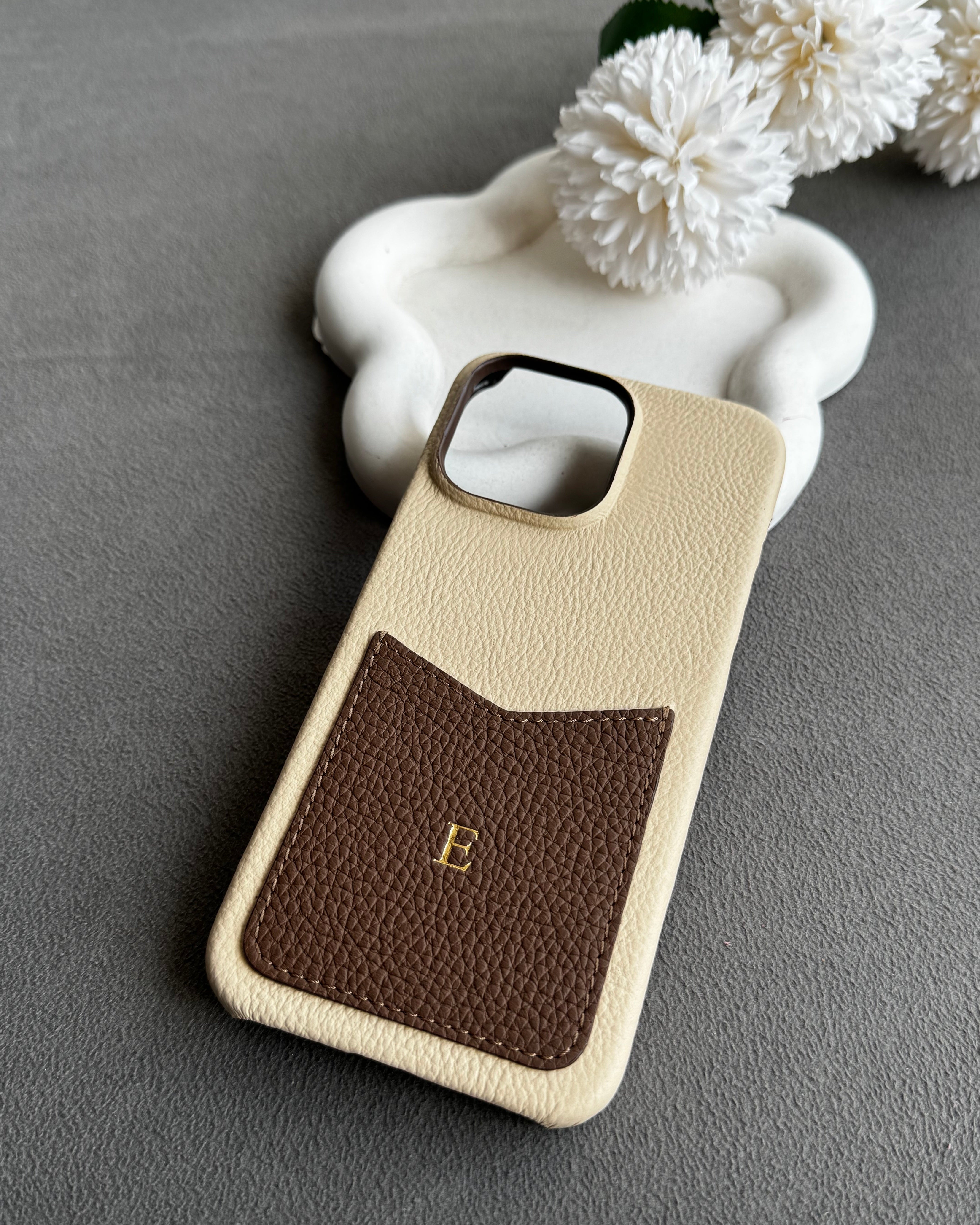 Deri iPhone Kılıfı | Cepli Model | Bej ve Kahve Togo