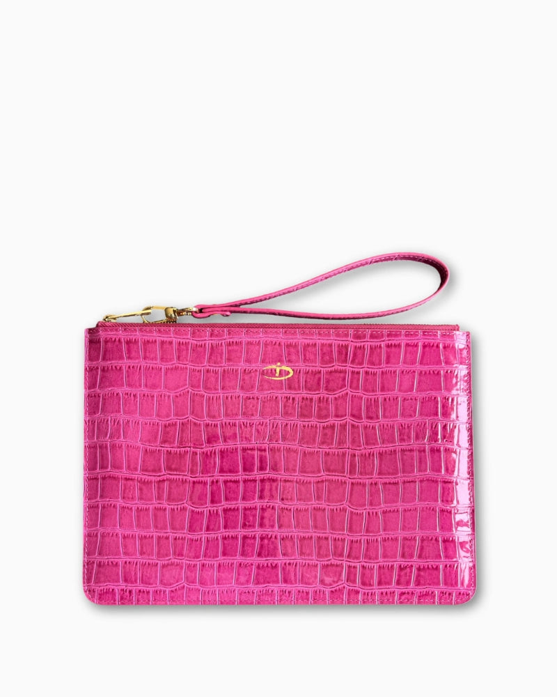 Deri Clutch Çanta - Rugan Fuşya Croco