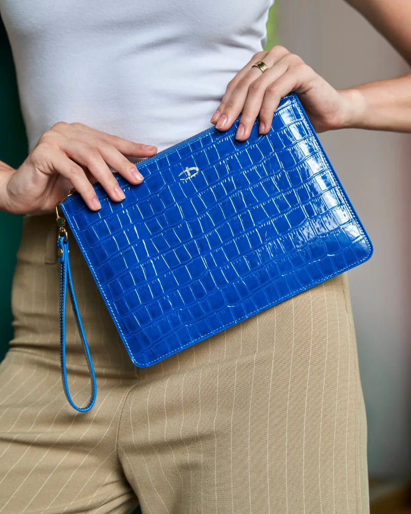 Deri Clutch Rugan Mavi Croco