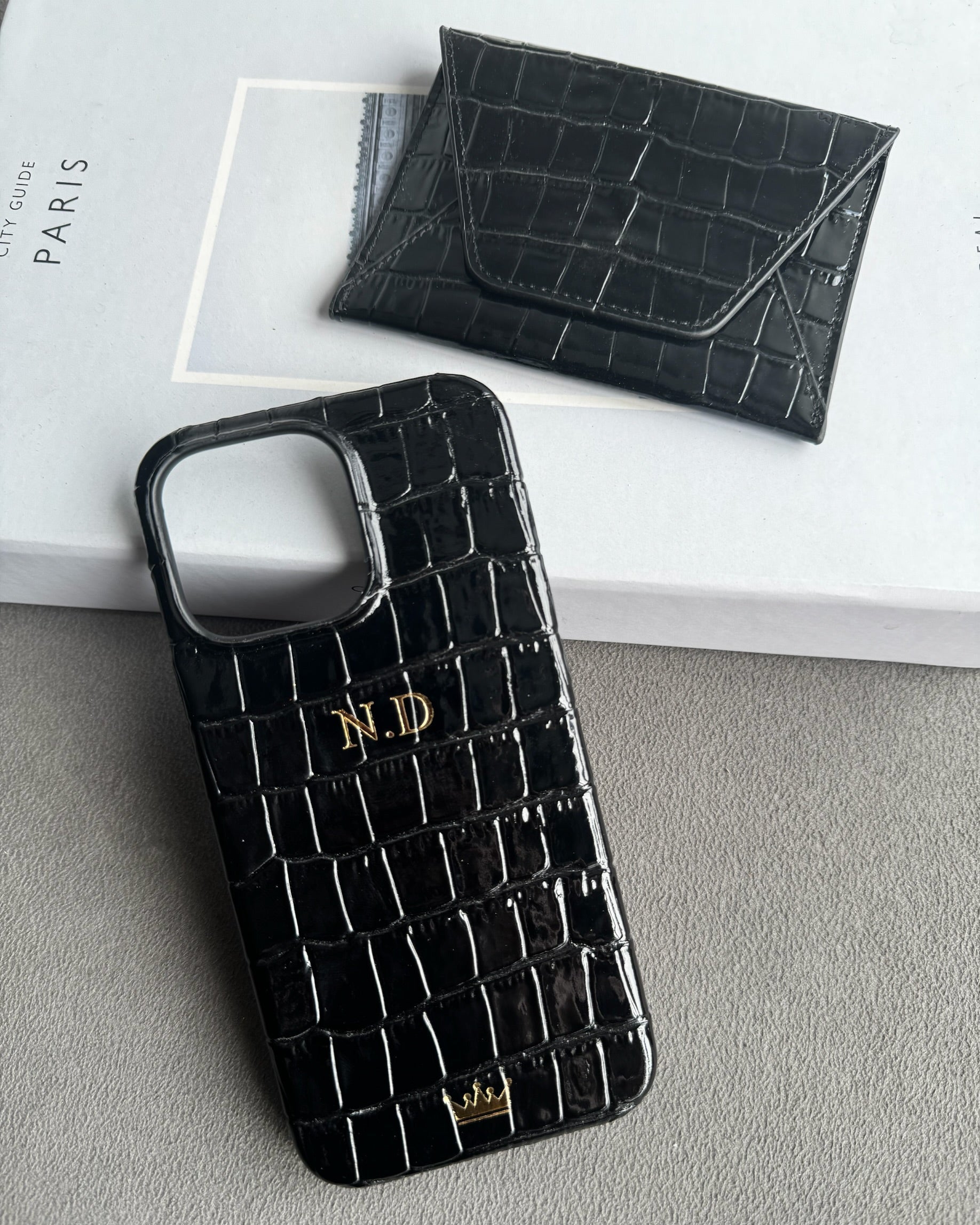 iPhone Kılıfı ve Zarf Cüzdan Seti | Siyah Rugan Croco