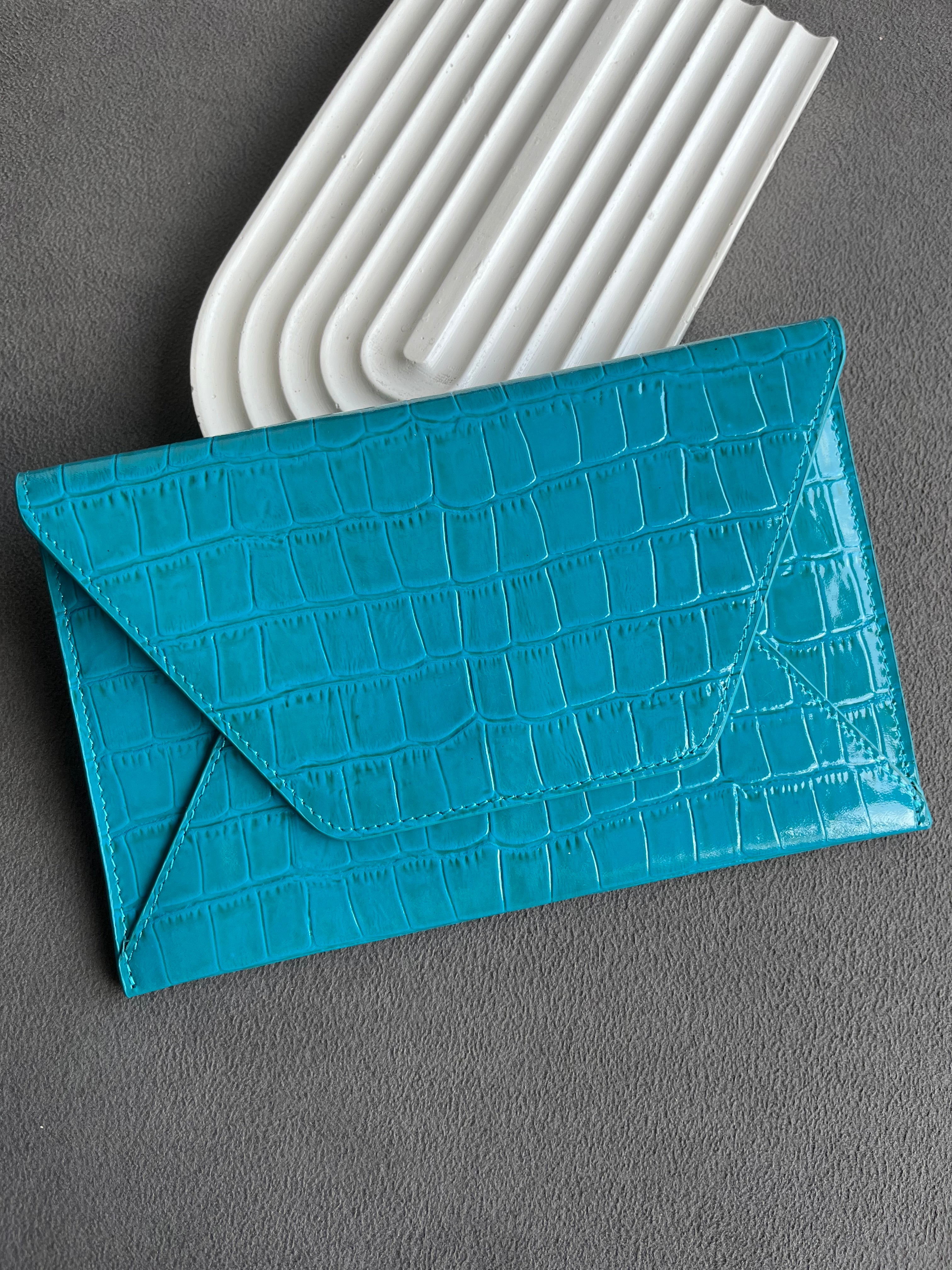 Deri Zarf Cüzdan Turkuaz Croco