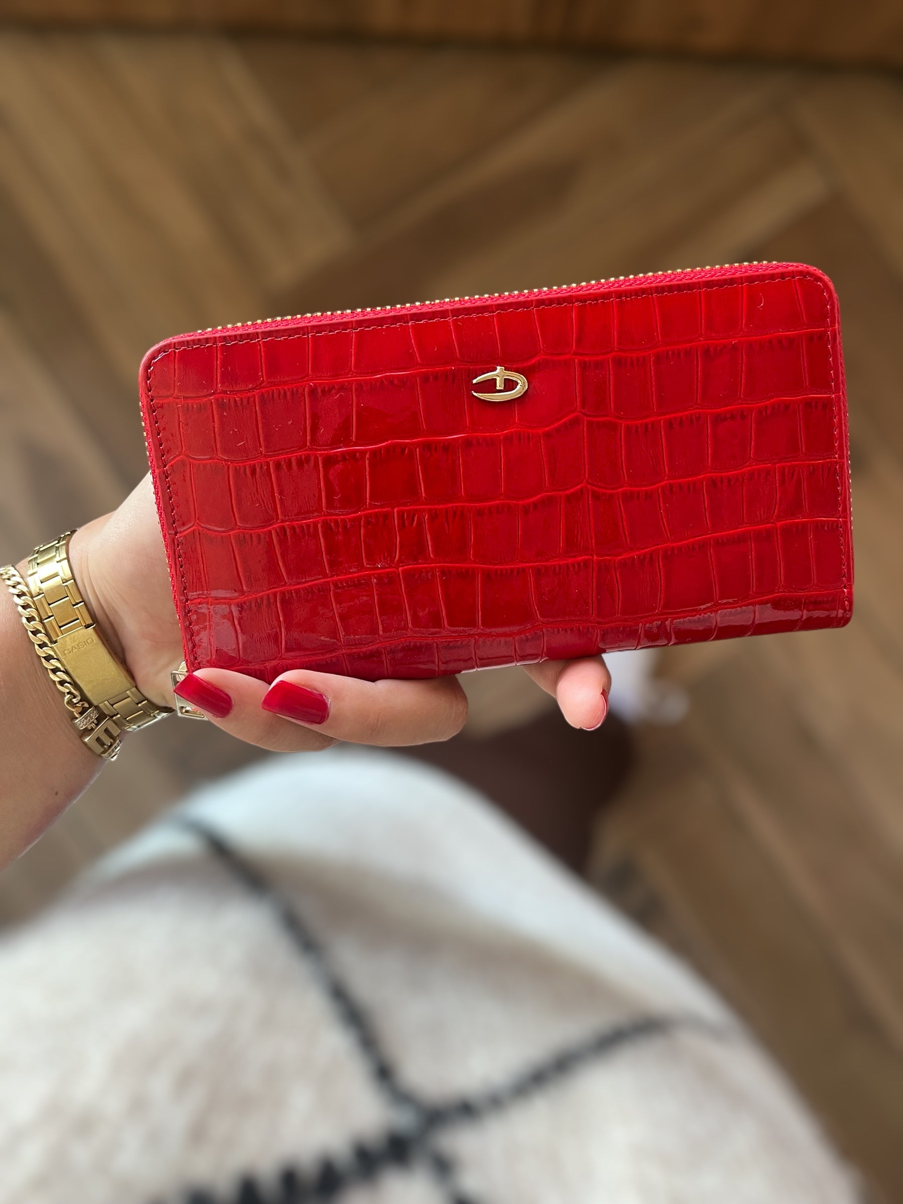 Deri fermuarlı cüzdan Rugan kırmızı croco