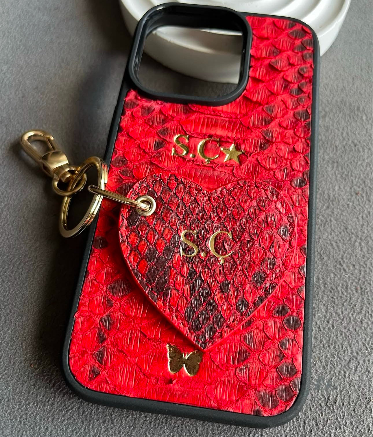 Gerçek Piton deri Kırmızı iPhone Kılıfı ve Anahtarlık seti