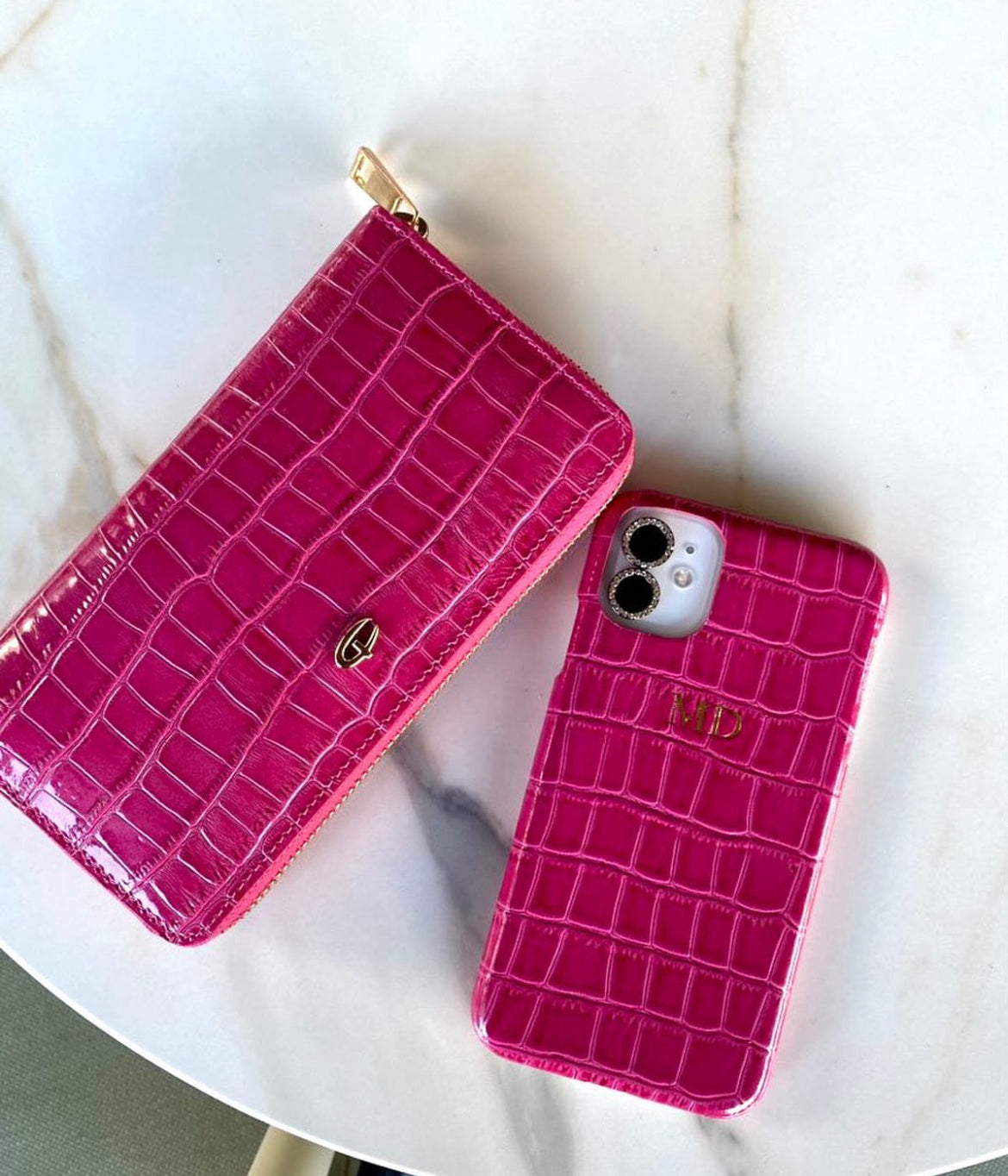 Deri fermuarlı cüzdan Fuşya Croco