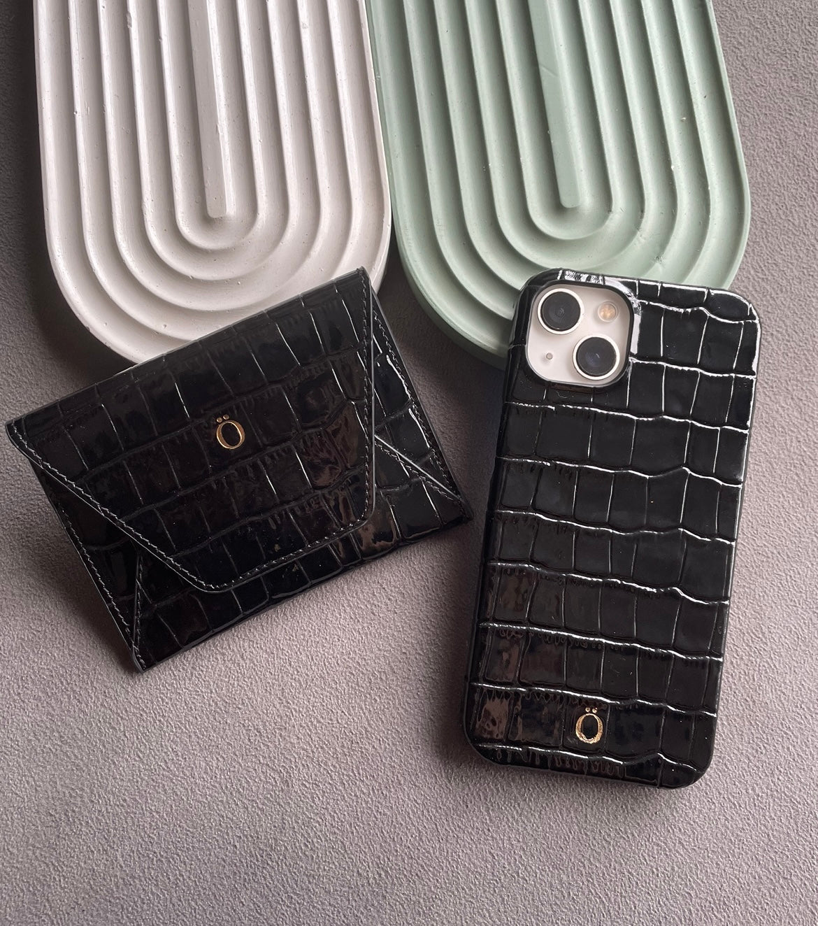 Rugan Siyah Croco telefon kılıfı ve zarf cüzdan seti