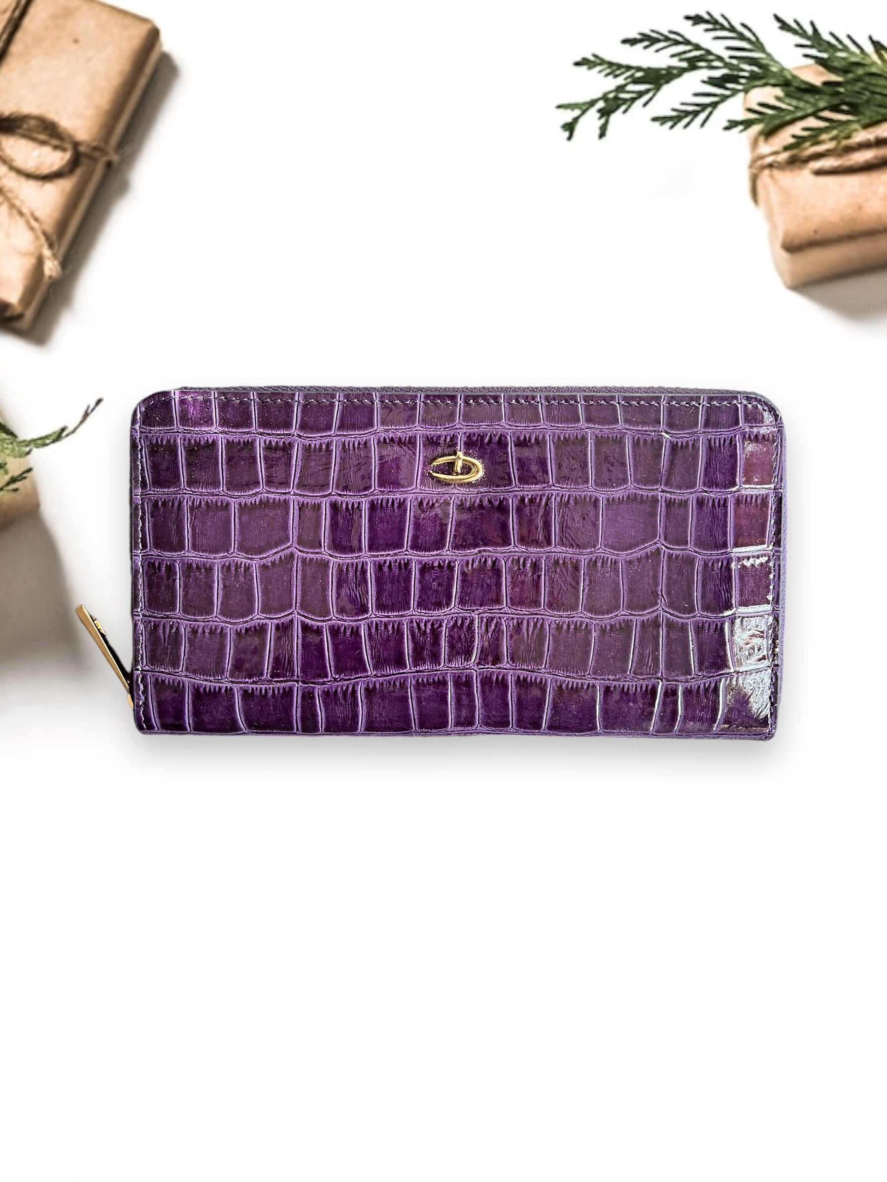 Deri fermuarlı cüzdan Rugan mor croco