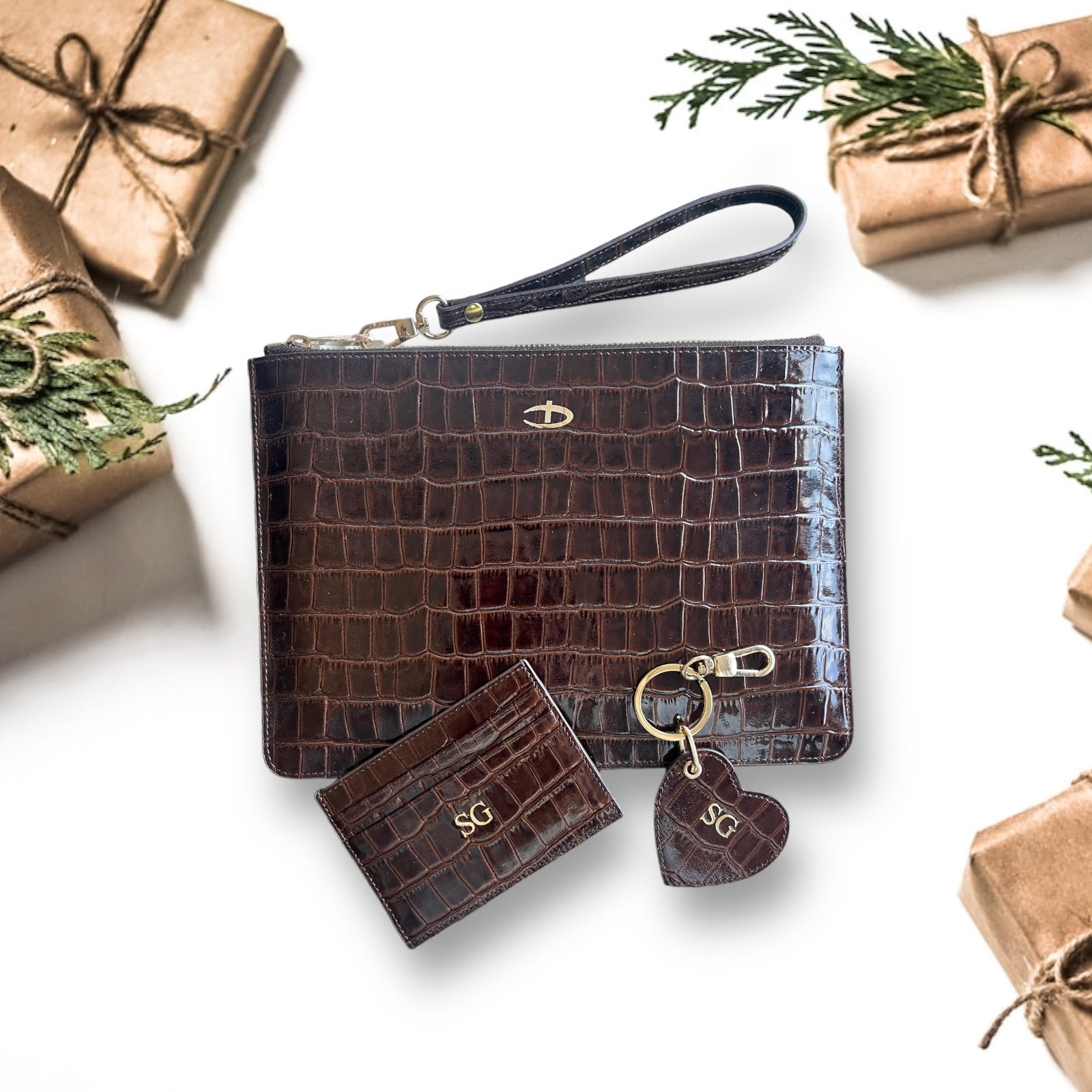 Rugan Kahverengi Croco clutch anahtarlık ve kredi kartlık seti
