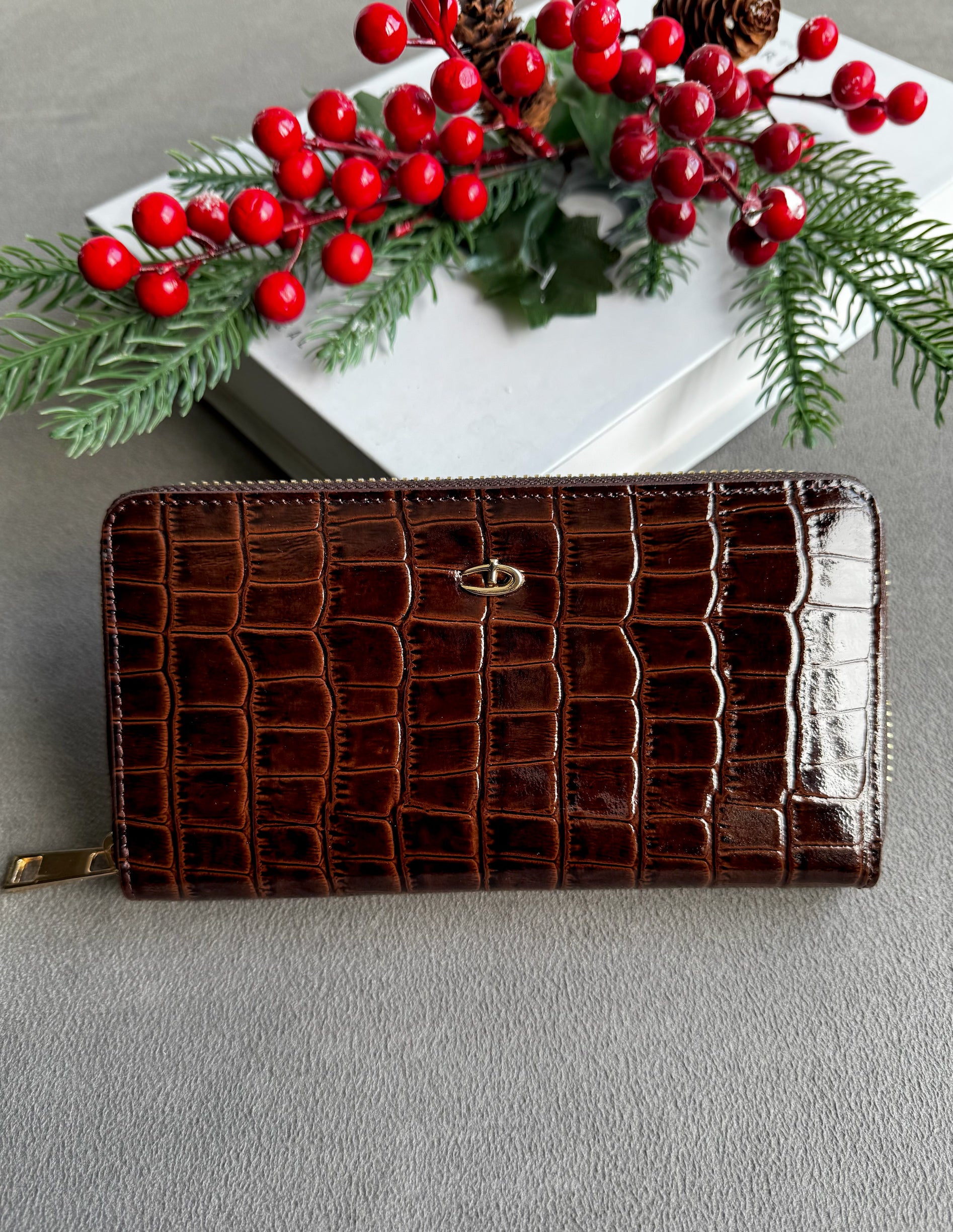 Deri fermuarlı cüzdan Rugan Kahve croco