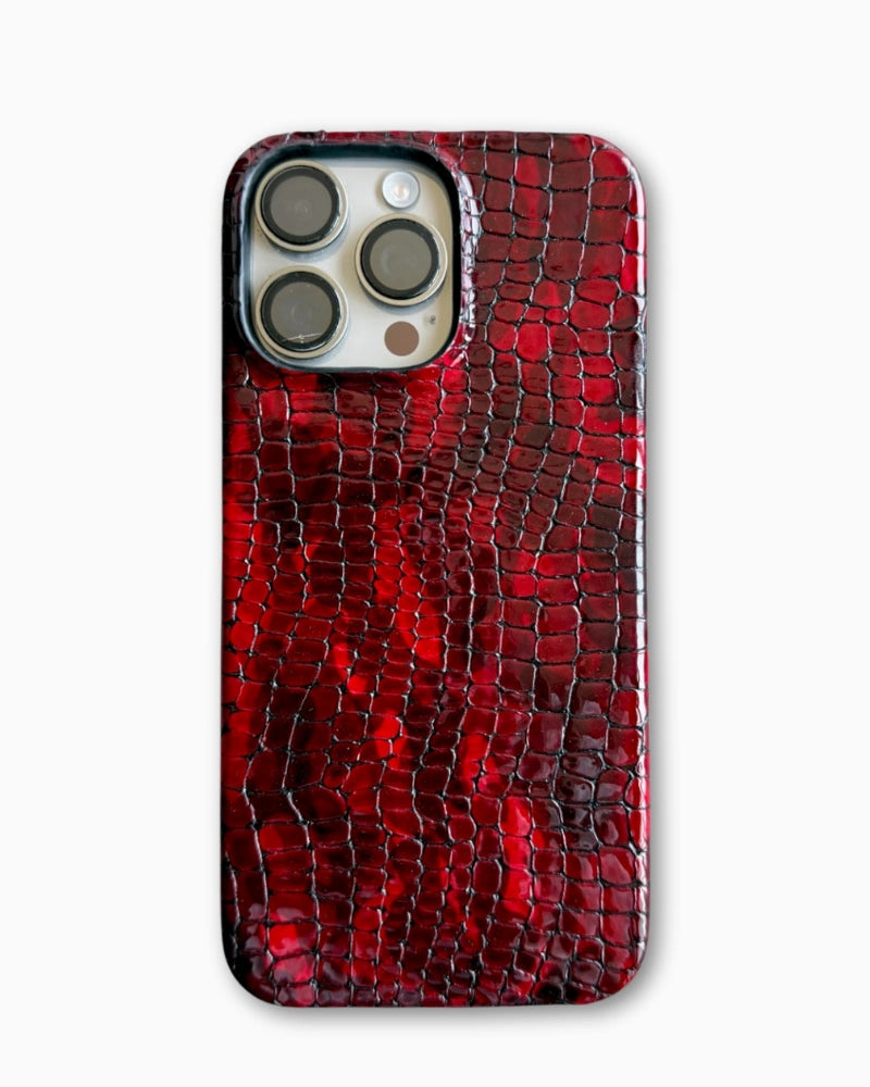 Kırmızı Siyah Karışımlı Küçük Croco Deri iPhone Kılıfı