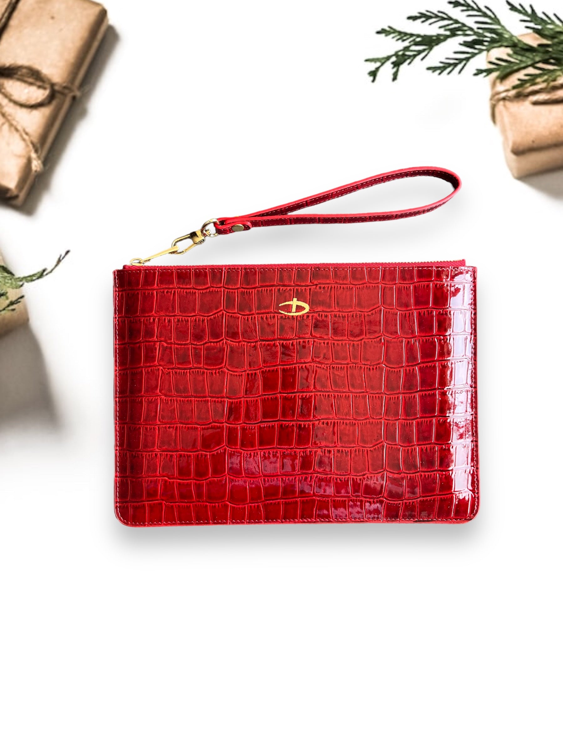 Deri Clutch Rugan Kırmızı Croco