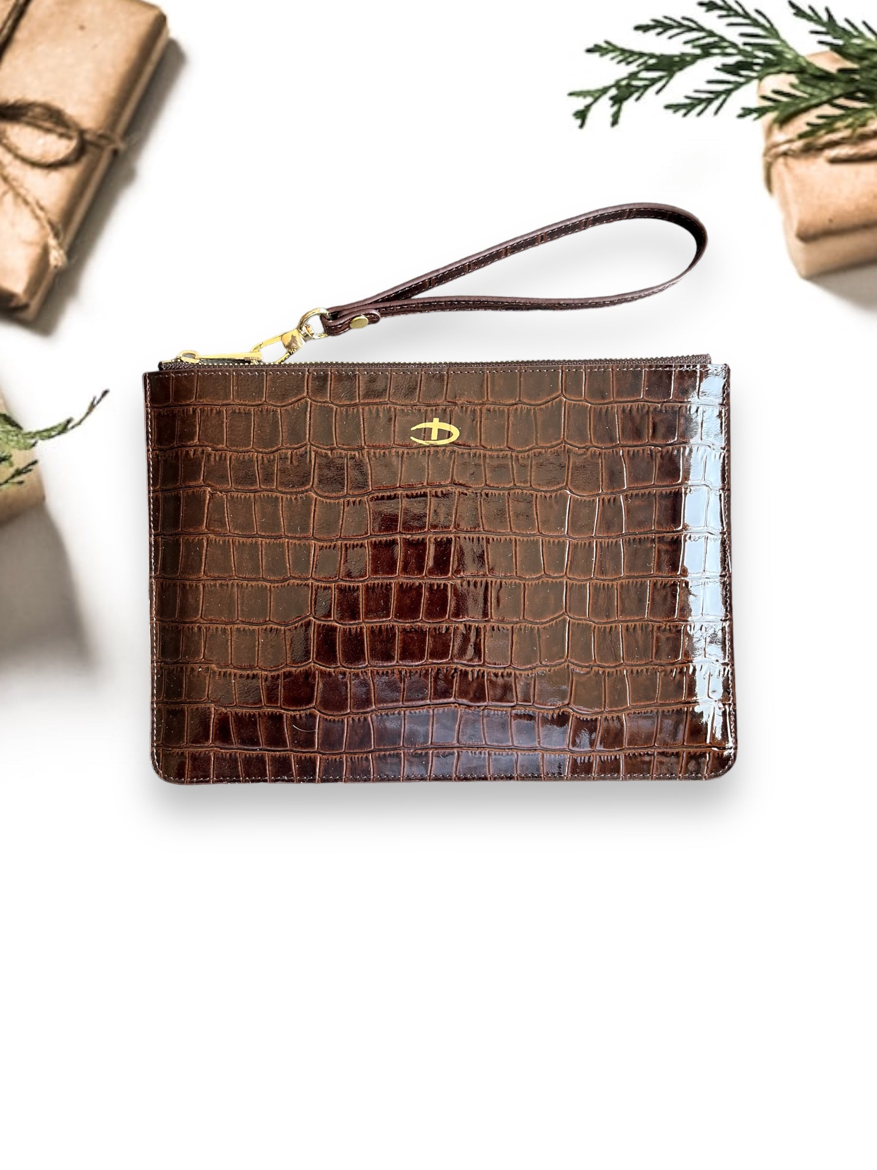 Deri Clutch Rugan Acı Kahve Croco
