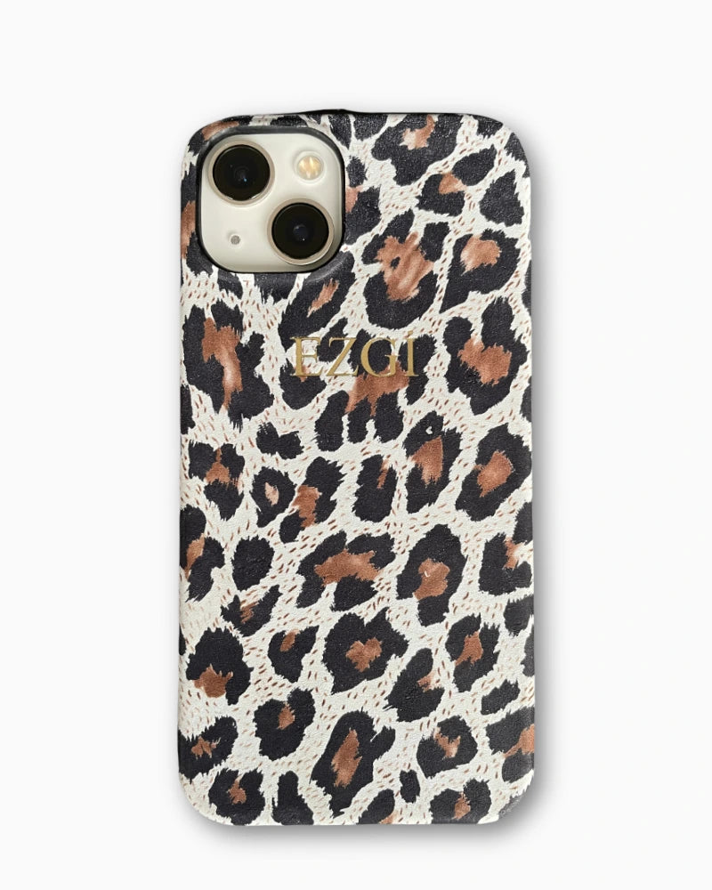 Siyah-Beyaz Leopar Desenli Deri iPhone Kılıf