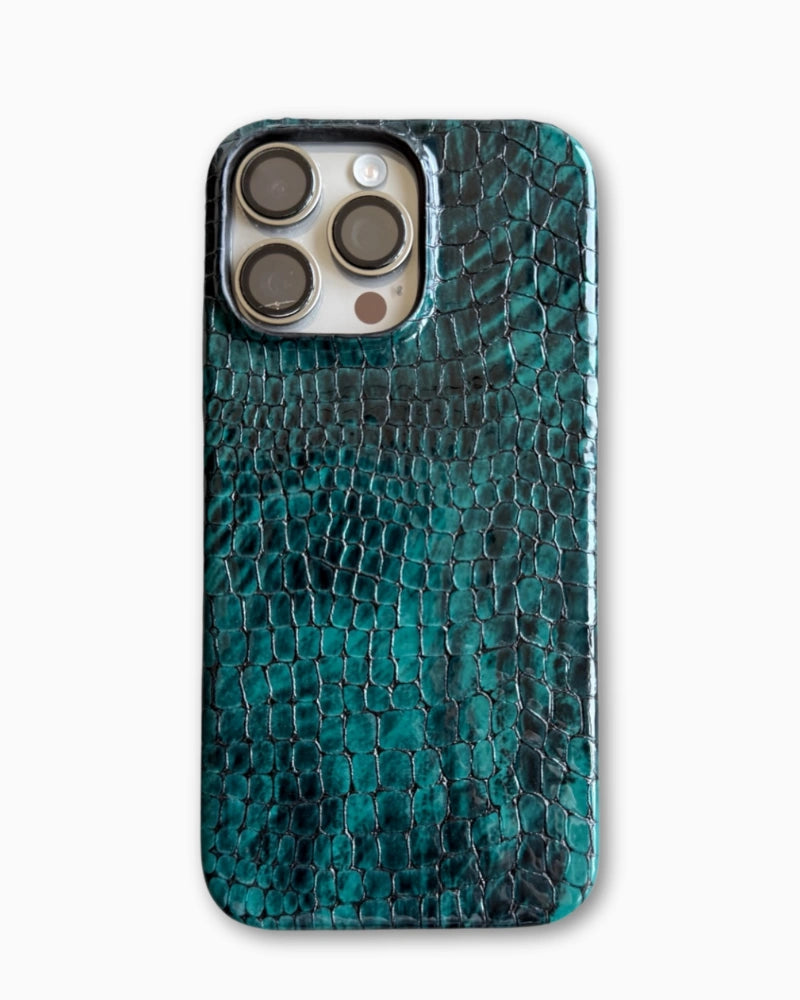 Küçük Kroko Desenli Yeşil-Siyah Deri iPhone Kılıf