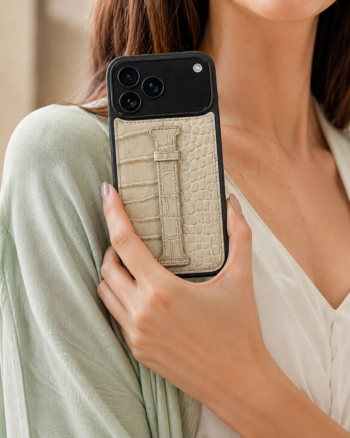 Kemerli iPhone Kılıfı | Bej Croco