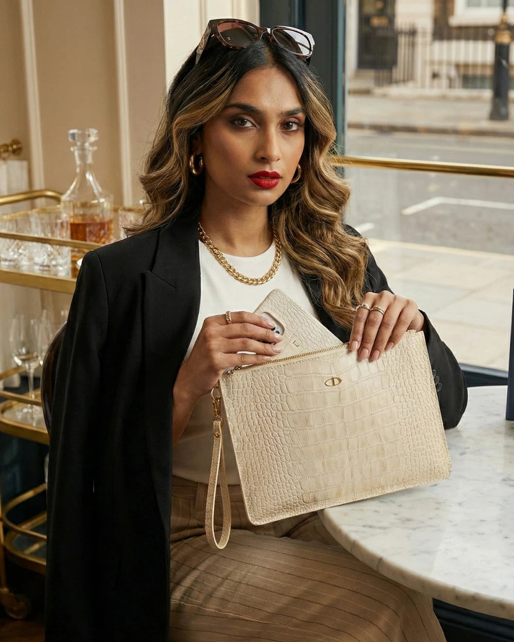Deri Clutch Çanta | Bej Croco