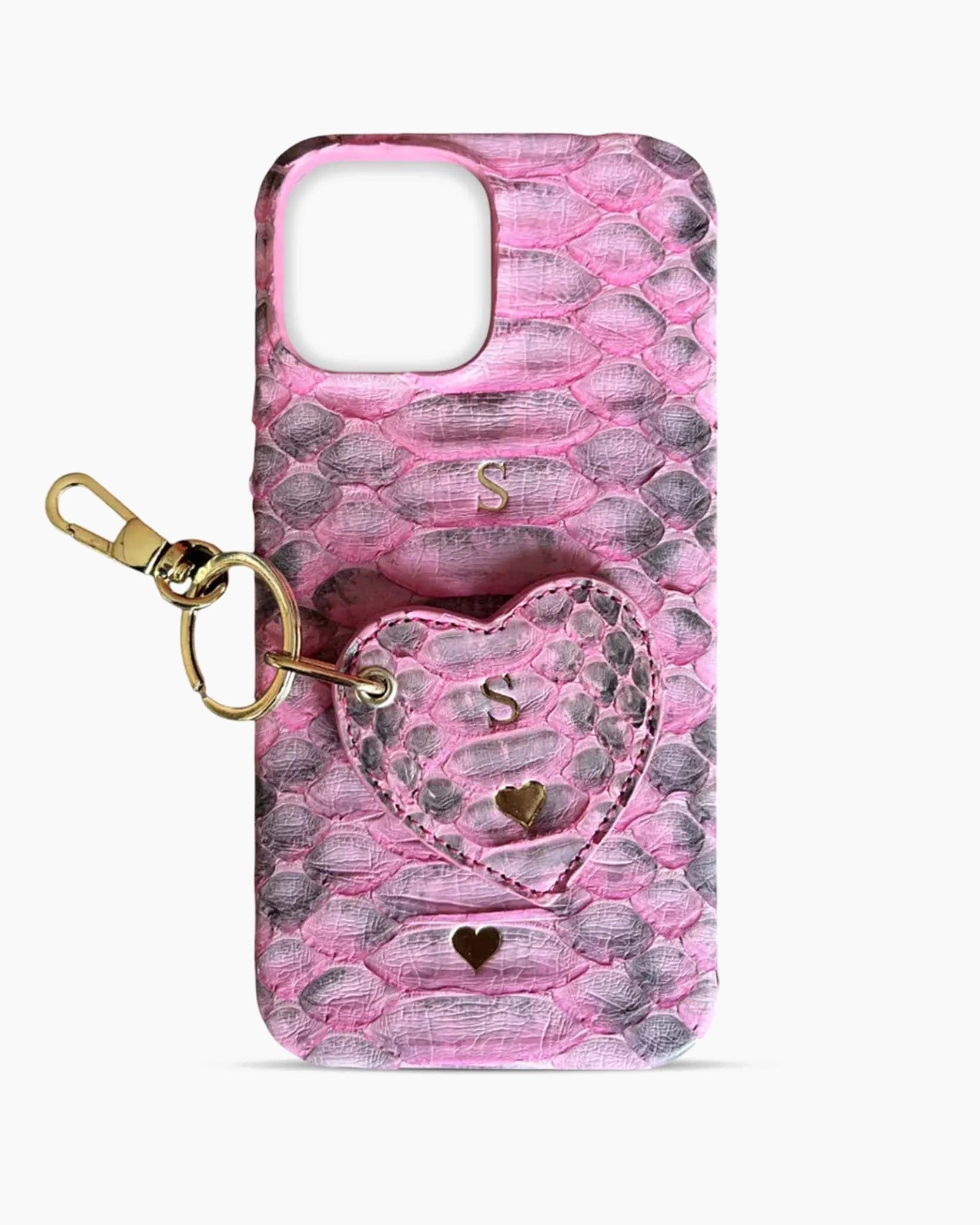 iPhone Kılıfı ve Kalpli Anahtarlık Seti | Açık Pembe Gerçek Piton