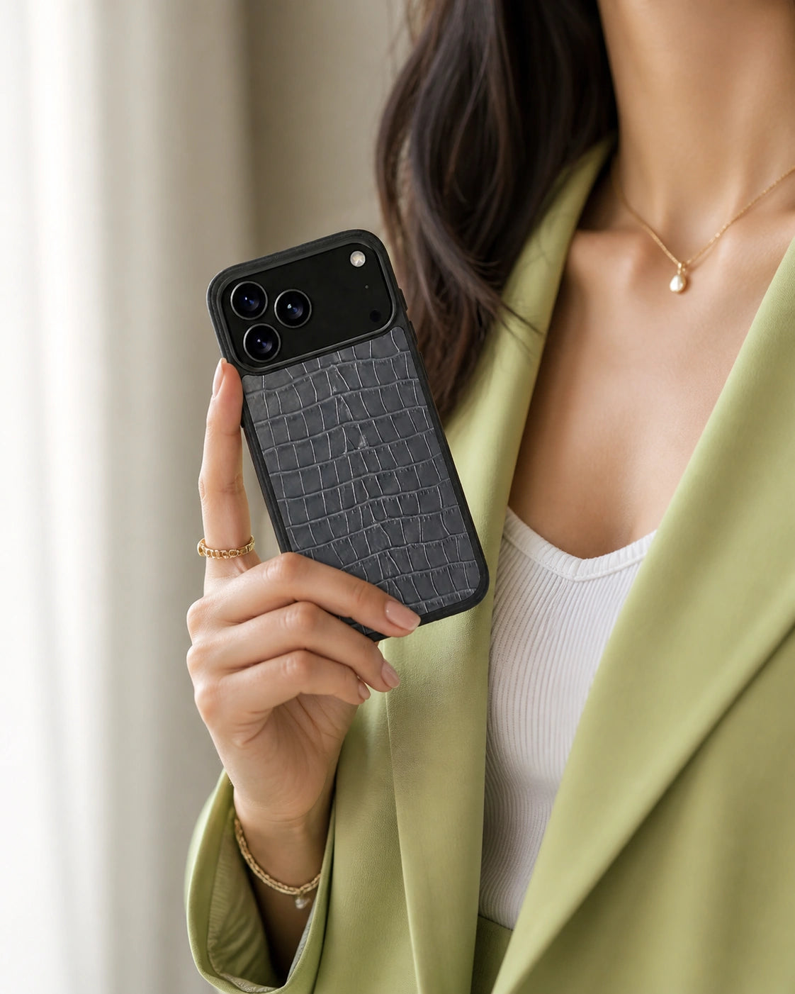 Deri iPhone Kılıfı | Gri Mat Croco | Havuz