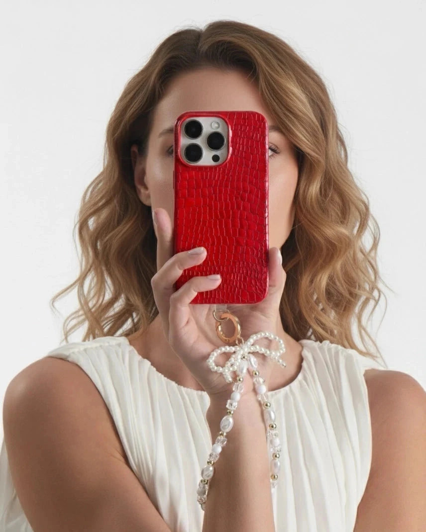 Kırmızı Parlak Küçük Croco Deri iPhone Kılıfı