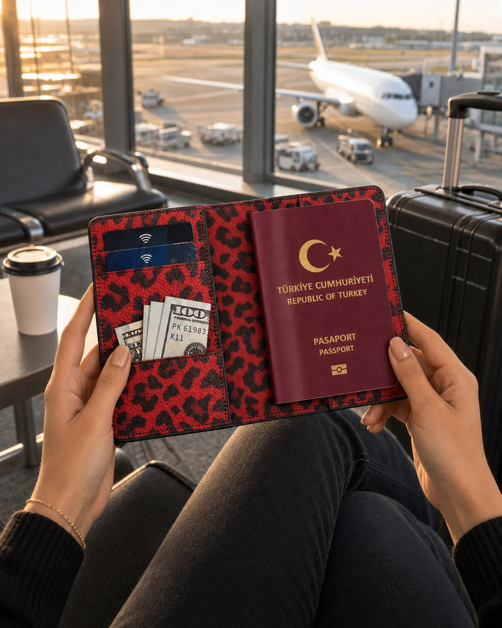 Kırmızı Leopar deri pasaport kılıfı - görsel 3