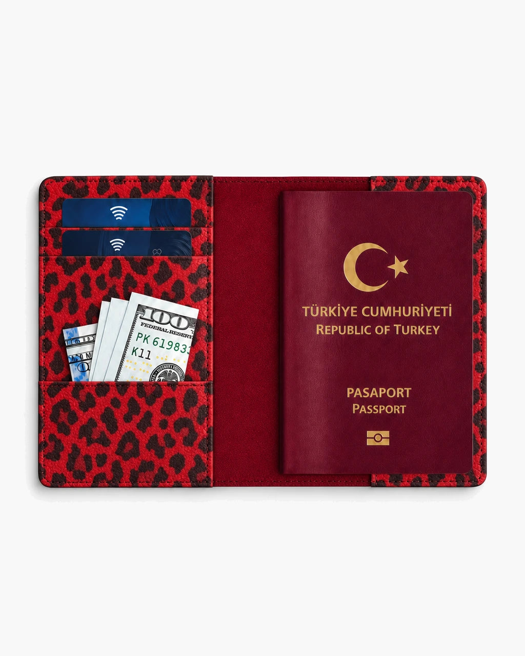 Kırmızı Leopar deri pasaport kılıfı - görsel 4