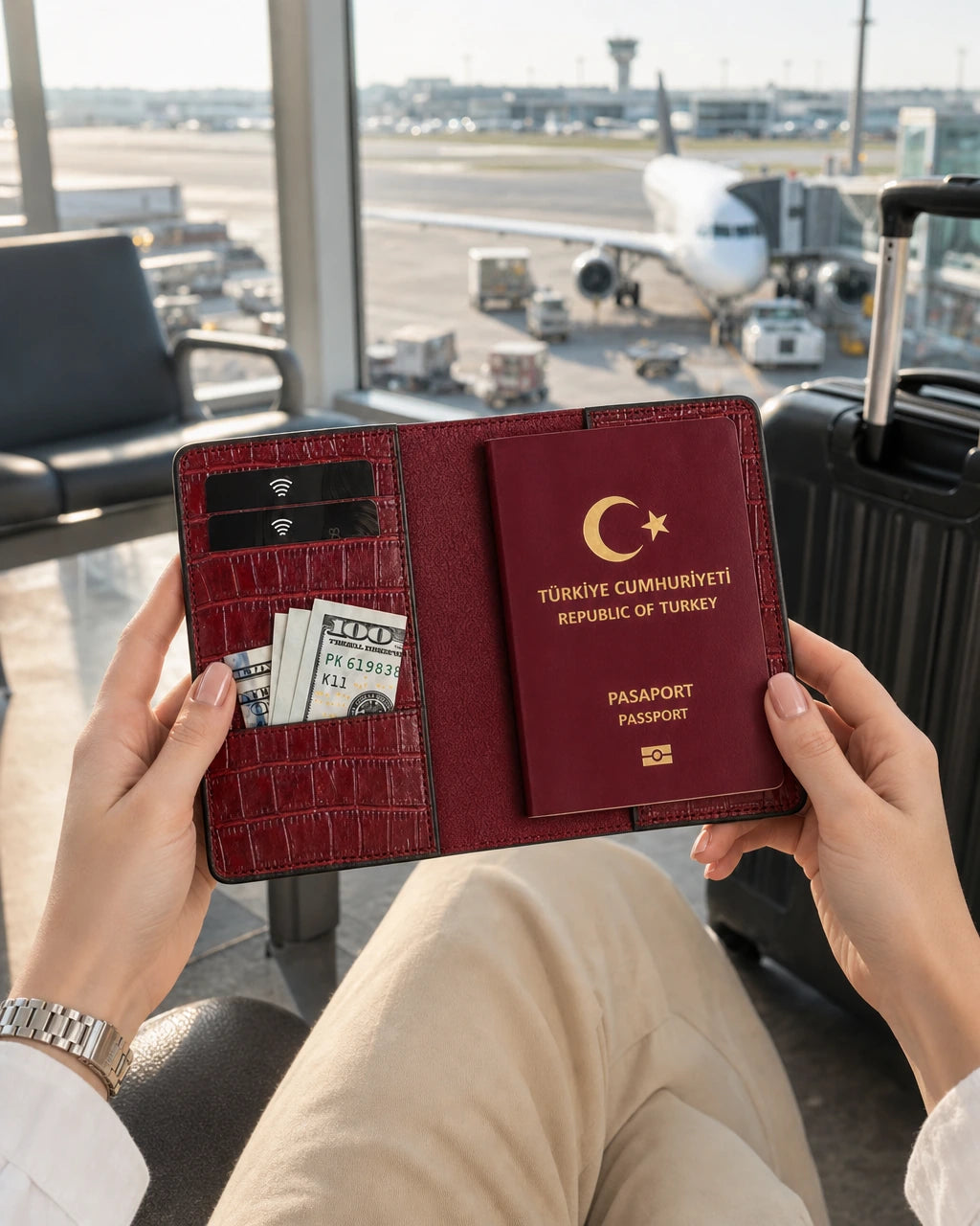 Kırmızı Mat Croco deri pasaport kılıfı - görsel 3