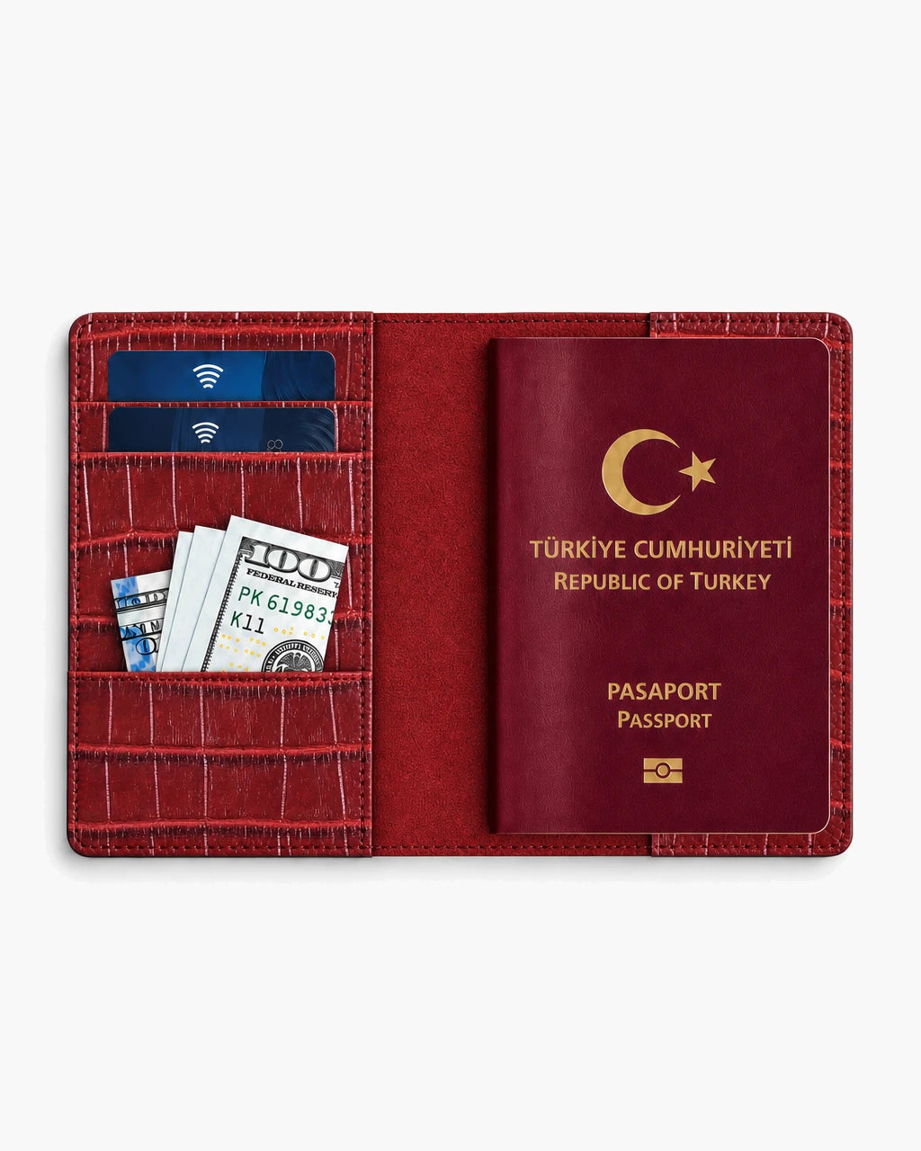 Kırmızı Mat Croco deri pasaport kılıfı - görsel 4