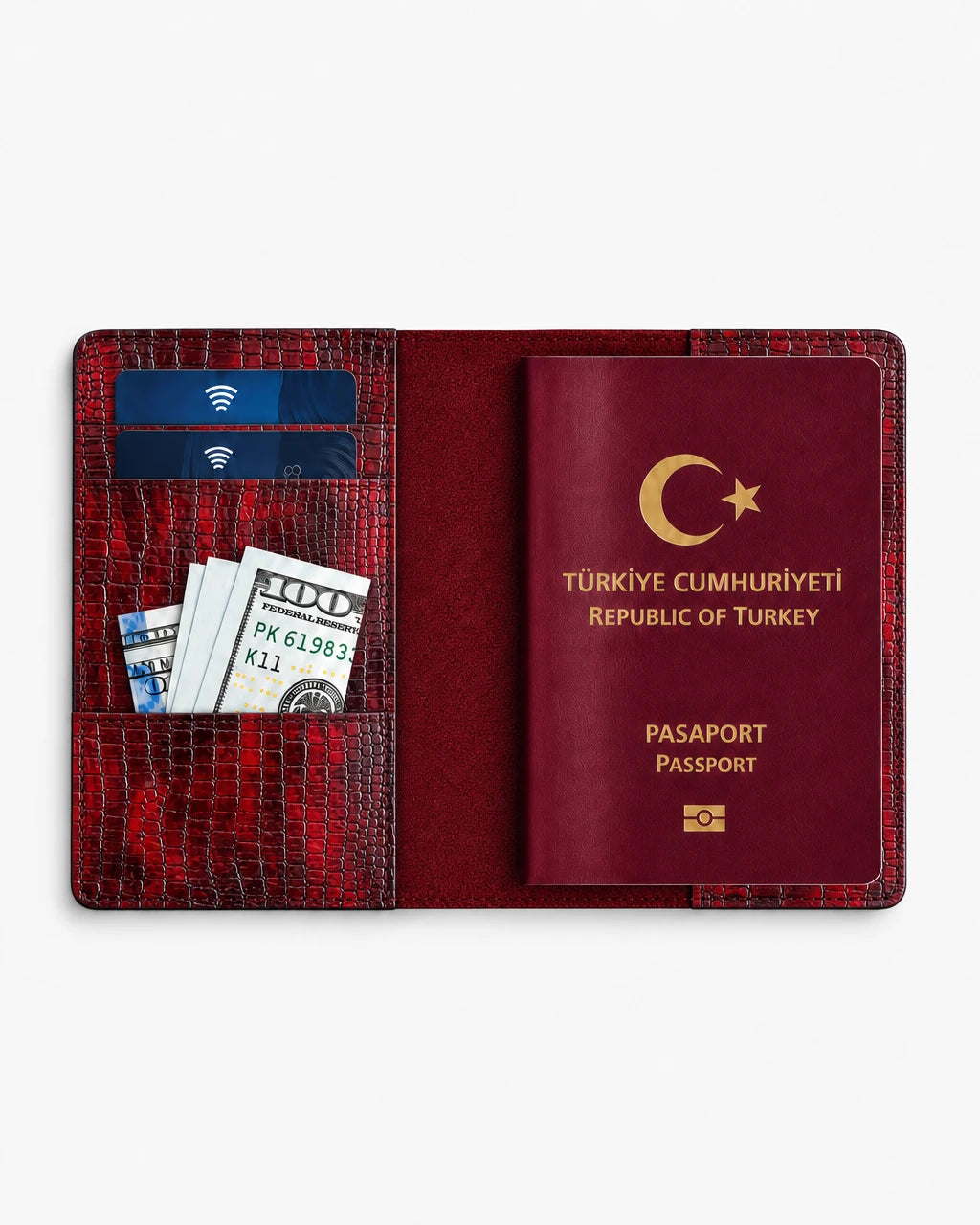 Kırmızı Siyah Küçük Croco deri pasaport kılıfı - görsel 4