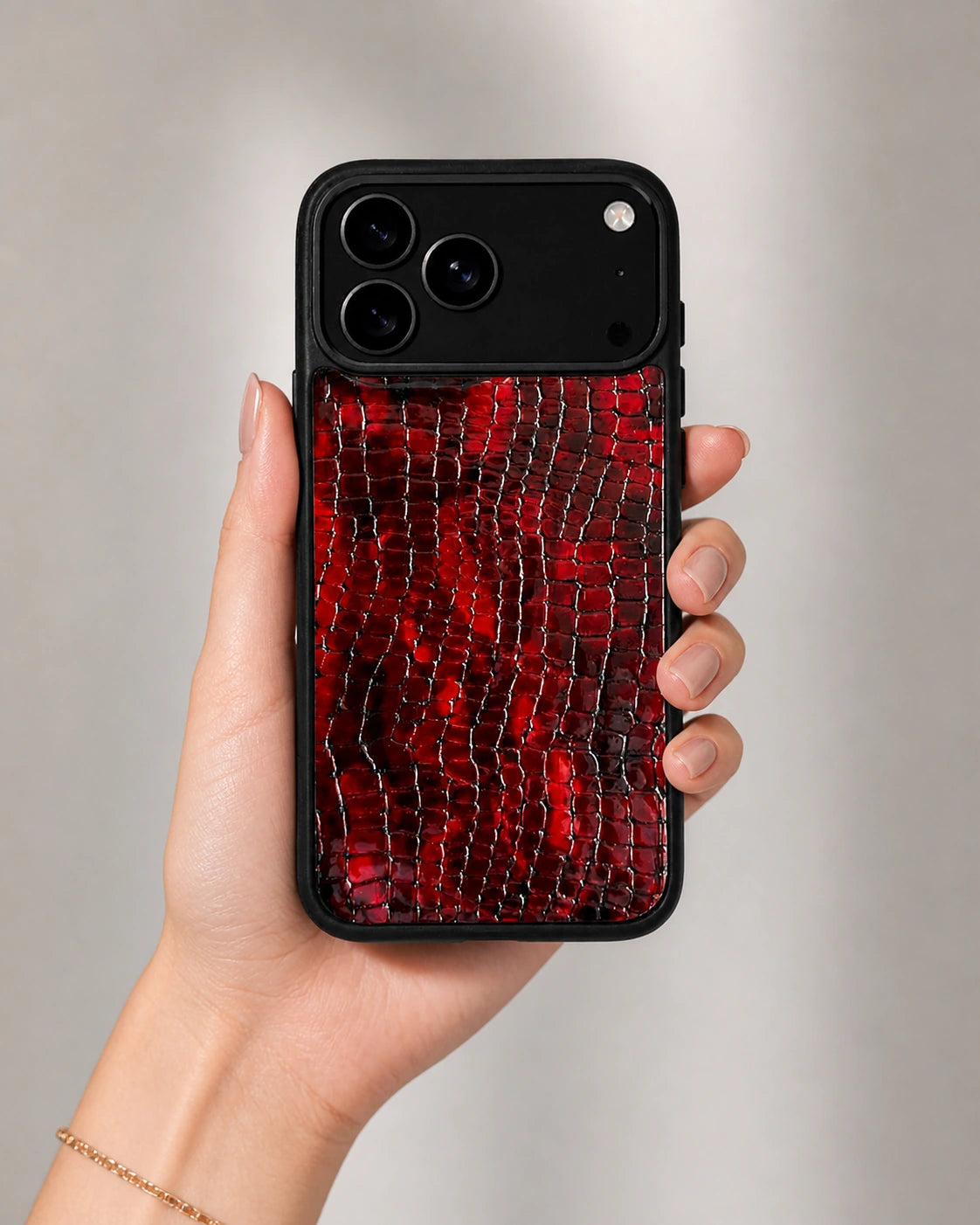 Deri iPhone Kılıfı | Kırmızı Siyah Mat Küçük Croco | Havuz