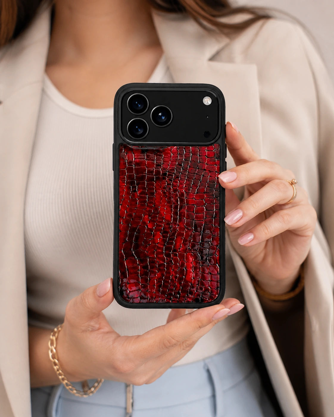 Deri iPhone Kılıfı | Kırmızı Siyah Mat Küçük Croco | Havuz