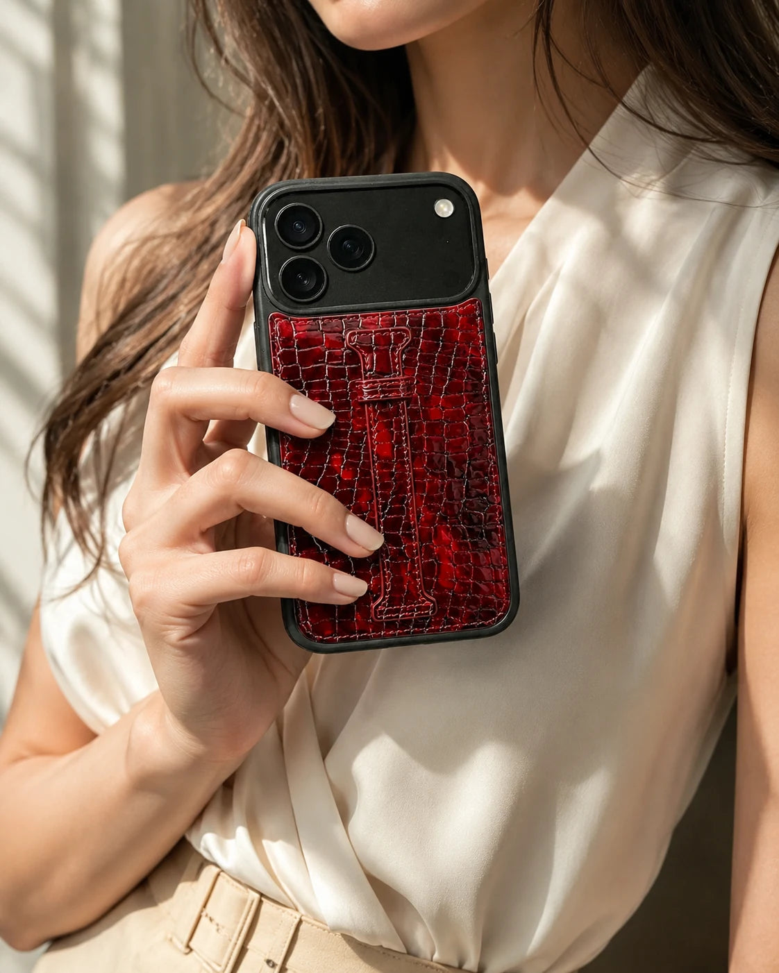 Kemerli iPhone Kılıfı | Kırmızı Siyah Küçük Croco